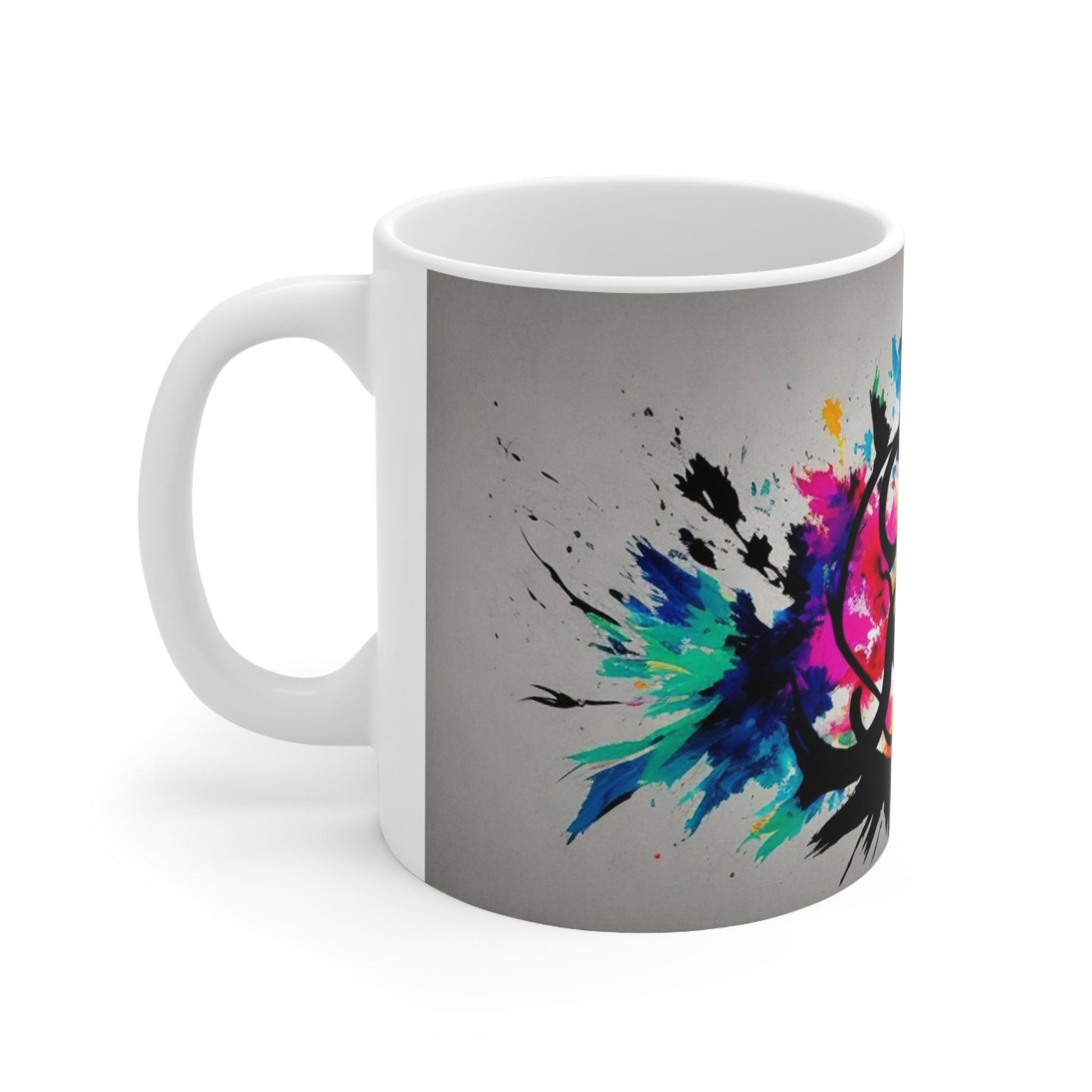 Chromatic Calligraphy Explosion Mug, Colorful Script Ceramic Cup, Artistic Coffee Mug