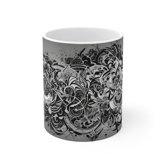 Monochrome Whirlwind Symphony Mug, Elegant Black and White Ceramic Cup, 11oz Coffee Mug