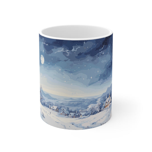 Snow-Covered Village Ceramic Mug 11oz - Winter Wonderland Coffee Cup, Delicate Snowflake Design, Cozy Winter Home Decor, Unique Gift Idea