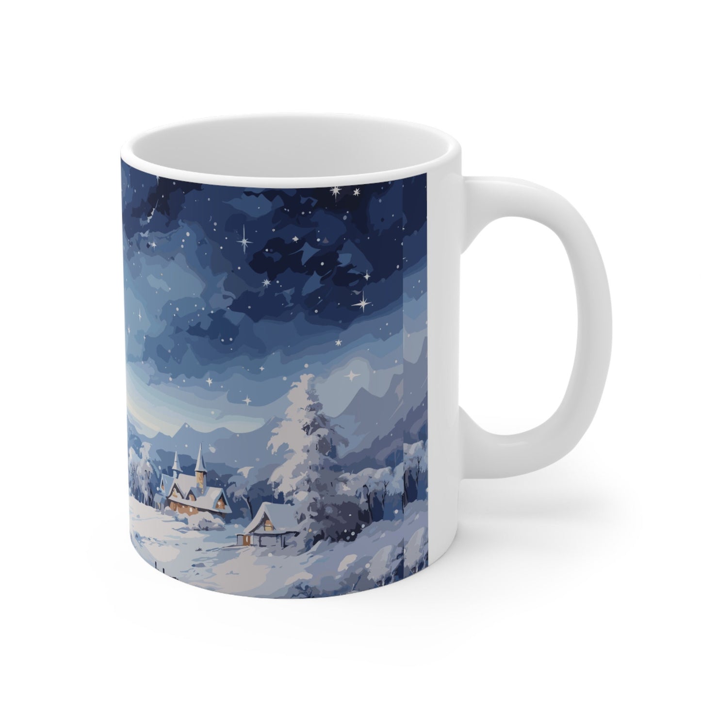 Snow-Covered Village Ceramic Mug 11oz - Winter Wonderland Coffee Cup, Delicate Snowflake Design, Cozy Winter Home Decor, Unique Gift Idea