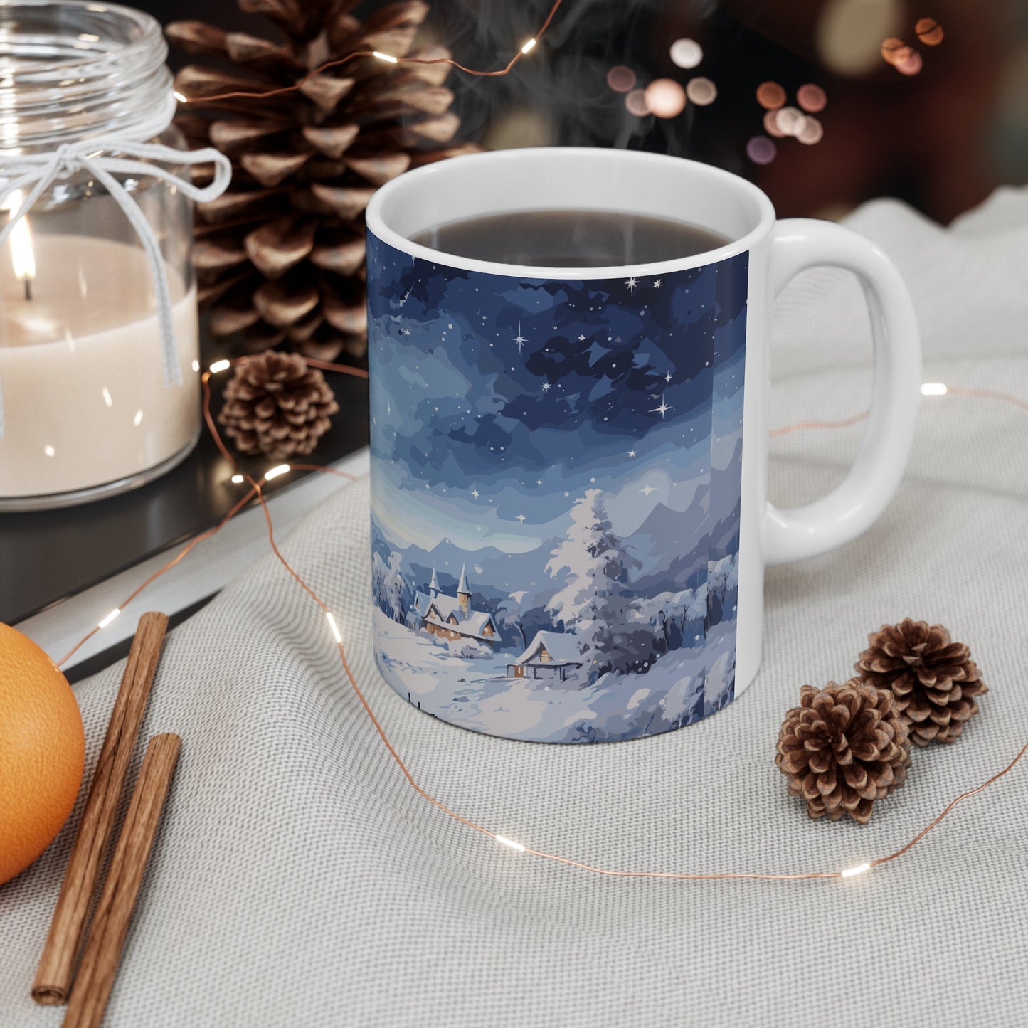 Snow-Covered Village Ceramic Mug 11oz - Winter Wonderland Coffee Cup, Delicate Snowflake Design, Cozy Winter Home Decor, Unique Gift Idea