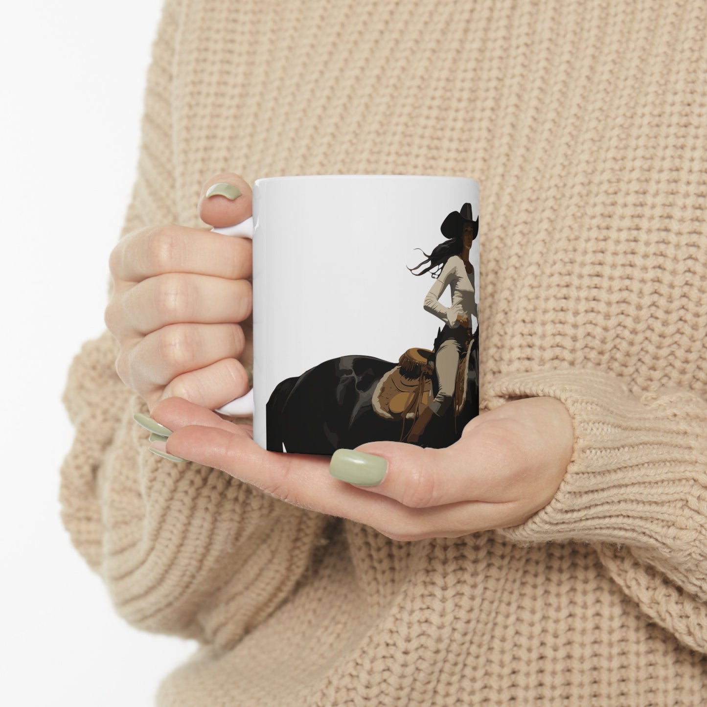 Cowgirl & Black Horse Ceramic Mug - 11oz White Coffee Cup, Western Adventure Theme, Unique Cowboy Decor Gift