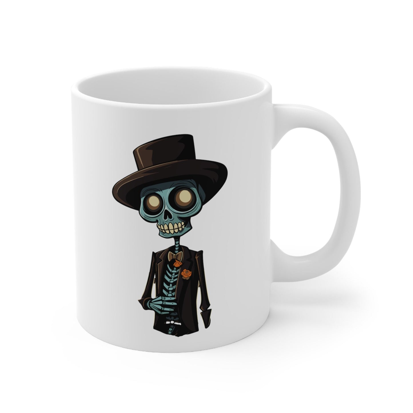 Chic Skeleton Gentleman Mug, Dapper Bones Coffee Cup, Elegantly Macabre Drinkware, Gothic Office Decor, Unique Halloween Gift