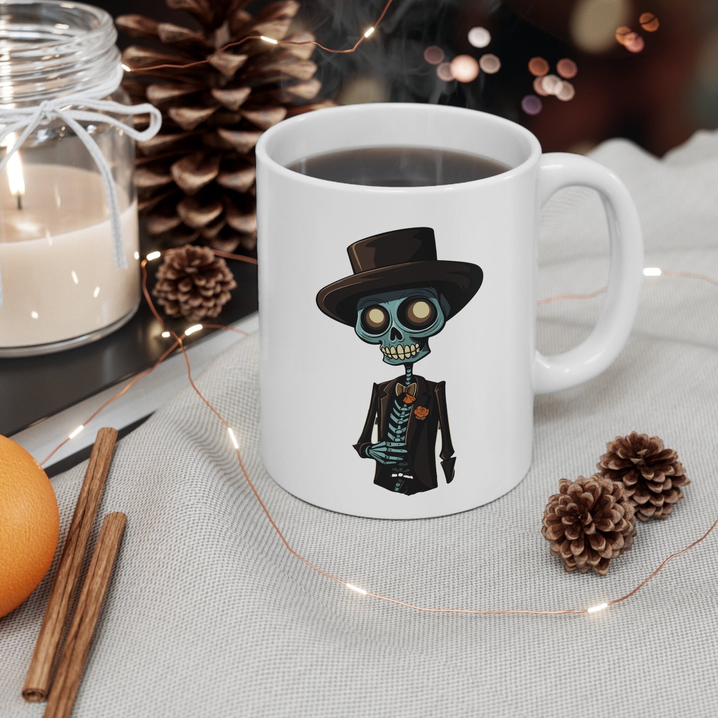 Chic Skeleton Gentleman Mug, Dapper Bones Coffee Cup, Elegantly Macabre Drinkware, Gothic Office Decor, Unique Halloween Gift