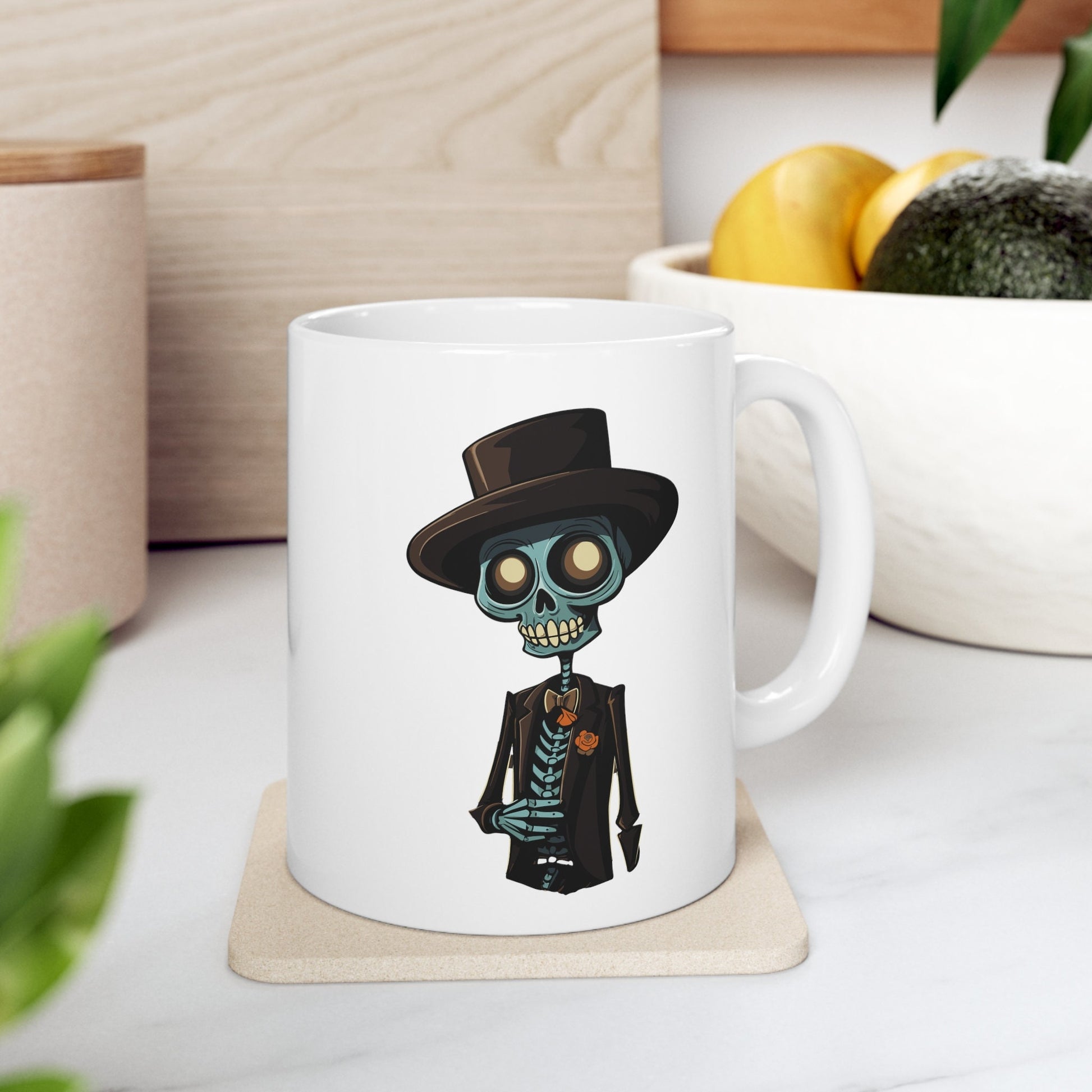 Chic Skeleton Gentleman Mug, Dapper Bones Coffee Cup, Elegantly Macabre Drinkware, Gothic Office Decor, Unique Halloween Gift