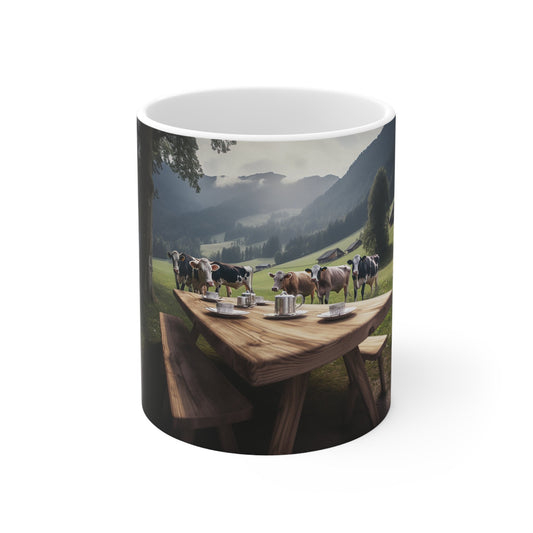 Pastoral Countryside Mug, Rustic Farmhouse Coffee Cup, Alpine Cows Scenic Print, Serene Meadow Tableware, Nature Lover's Breakfast Mug