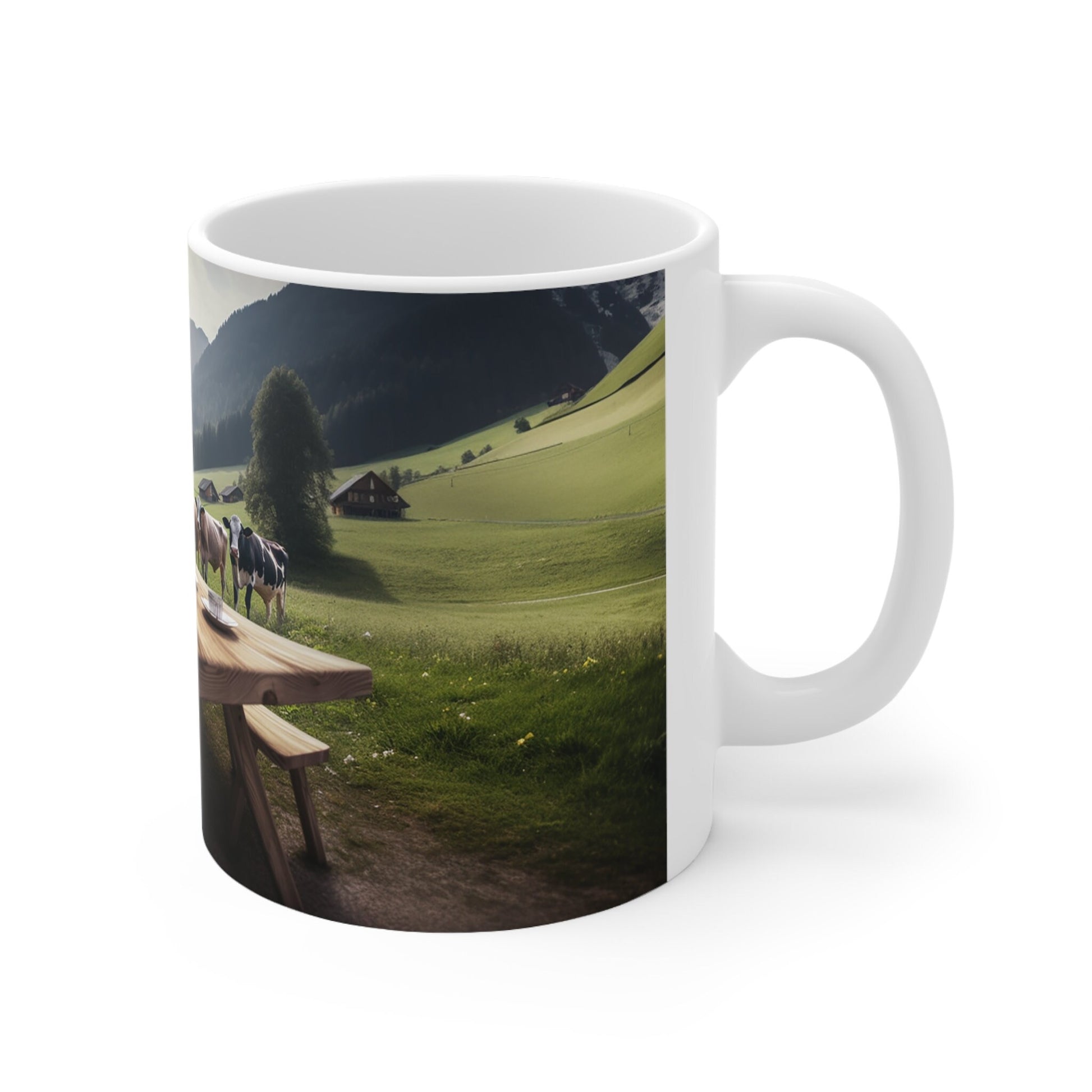 Pastoral Countryside Mug, Rustic Farmhouse Coffee Cup, Alpine Cows Scenic Print, Serene Meadow Tableware, Nature Lover's Breakfast Mug