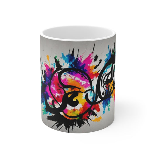 Chromatic Calligraphy Explosion Mug, Colorful Script Ceramic Cup, Artistic Coffee Mug