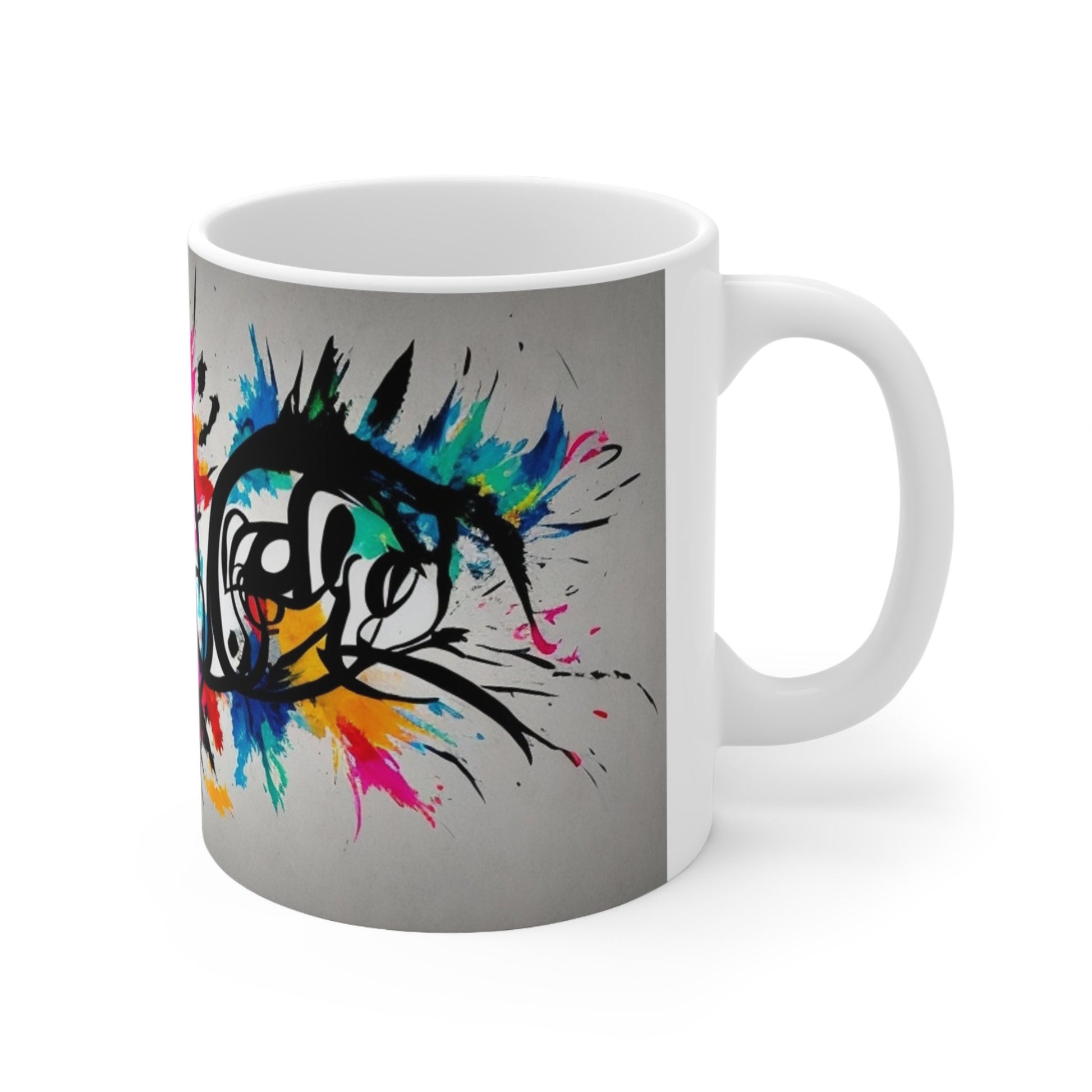 Chromatic Calligraphy Explosion Mug, Colorful Script Ceramic Cup, Artistic Coffee Mug