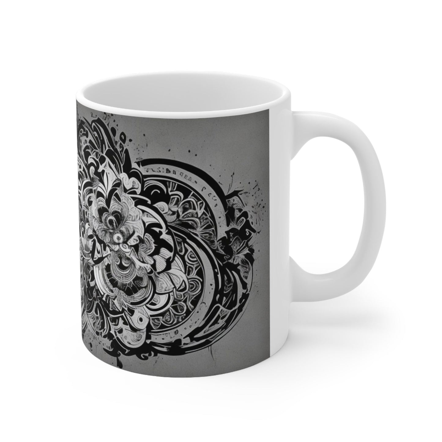 Monochrome Whirlwind Symphony Mug, Elegant Black and White Ceramic Cup, 11oz Coffee Mug