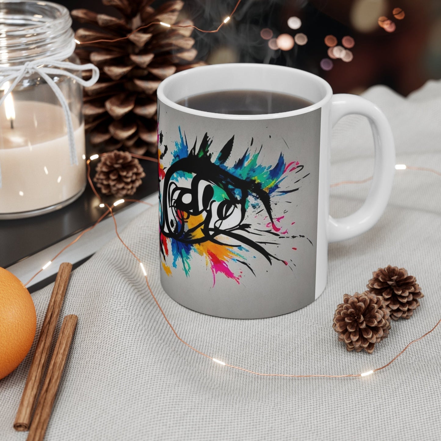 Chromatic Calligraphy Explosion Mug, Colorful Script Ceramic Cup, Artistic Coffee Mug