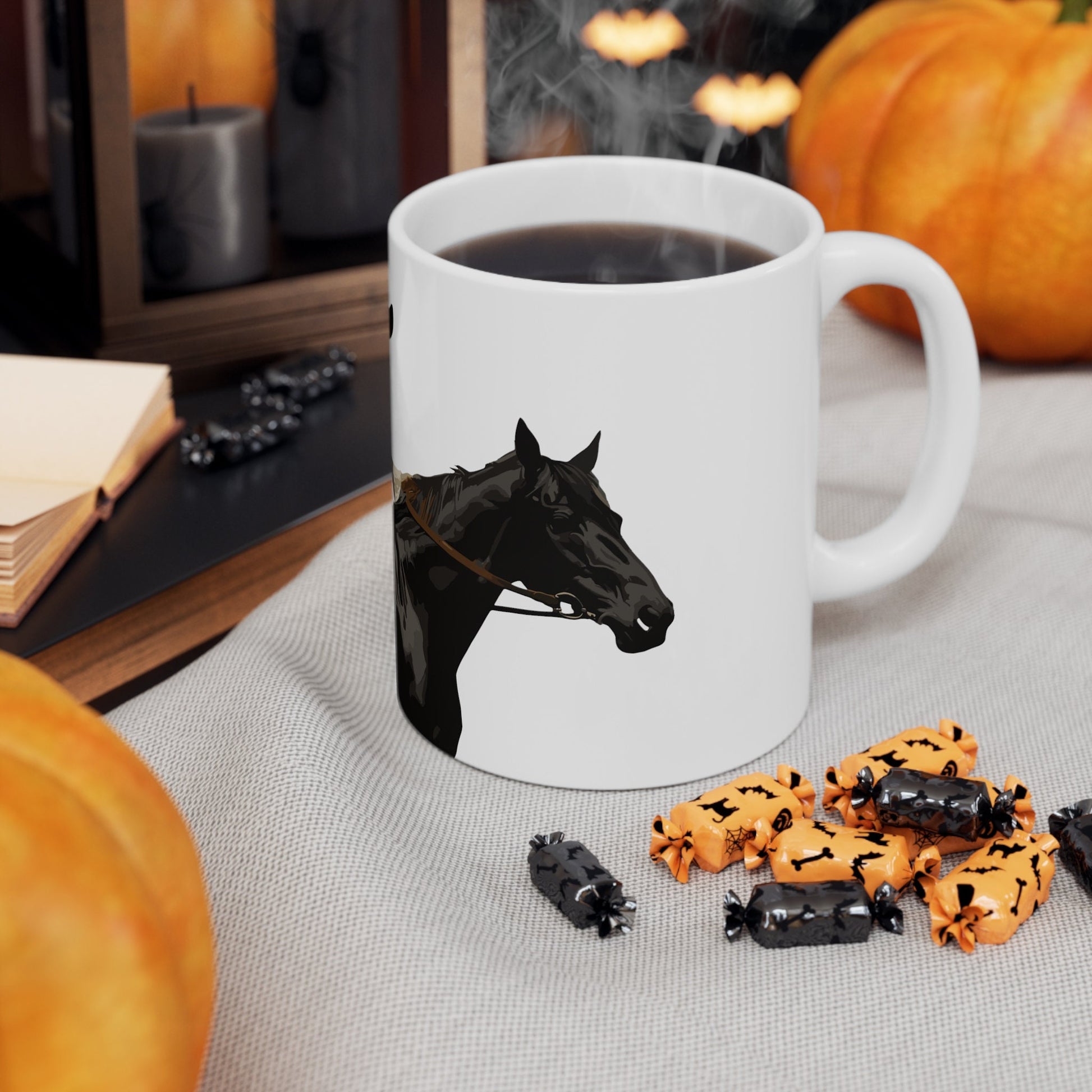 Cowgirl & Black Horse Ceramic Mug - 11oz White Coffee Cup, Western Adventure Theme, Unique Cowboy Decor Gift