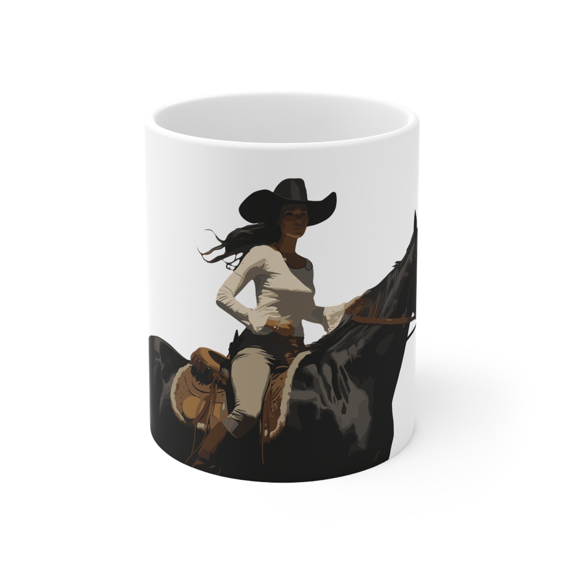 Cowgirl & Black Horse Ceramic Mug - 11oz White Coffee Cup, Western Adventure Theme, Unique Cowboy Decor Gift