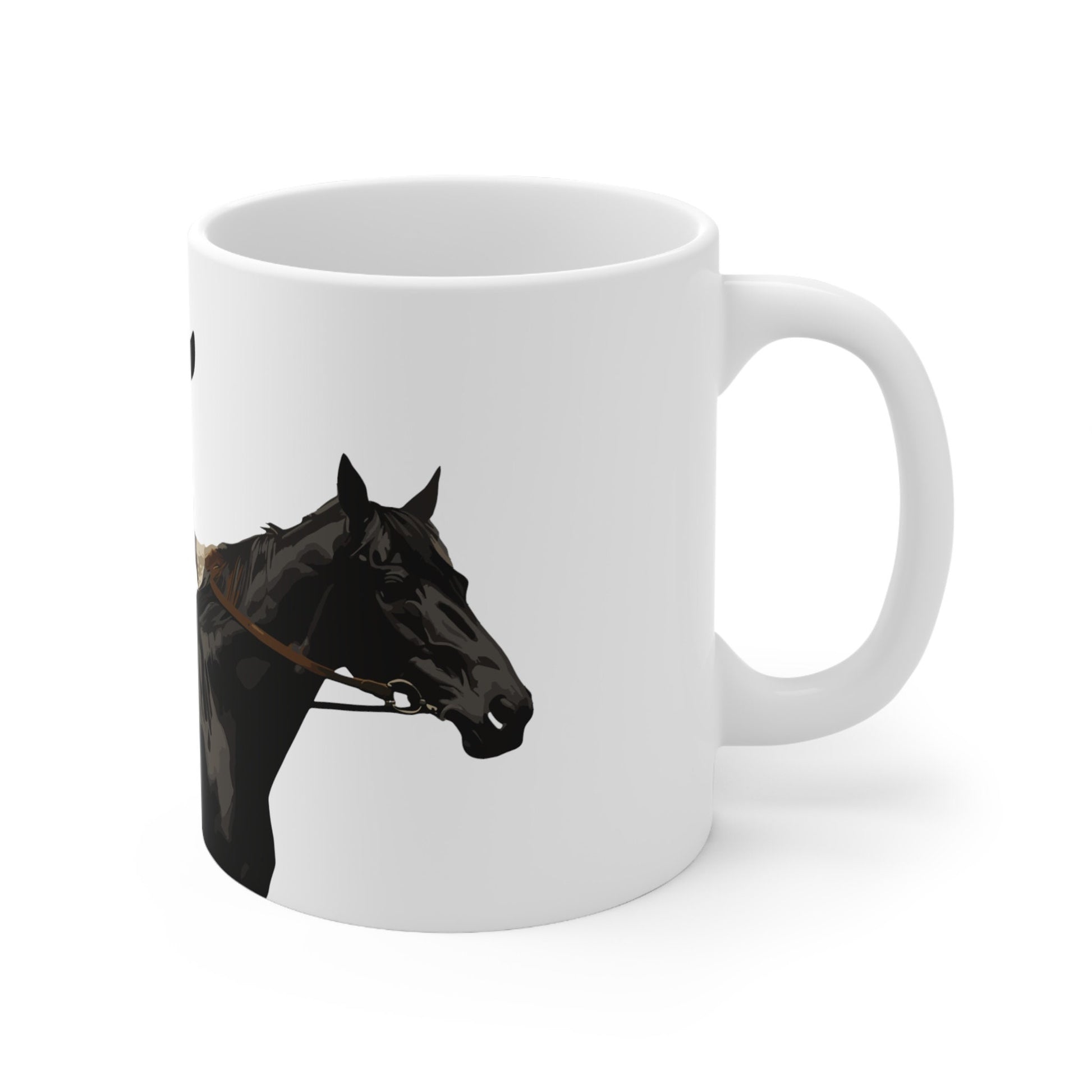 Cowgirl & Black Horse Ceramic Mug - 11oz White Coffee Cup, Western Adventure Theme, Unique Cowboy Decor Gift