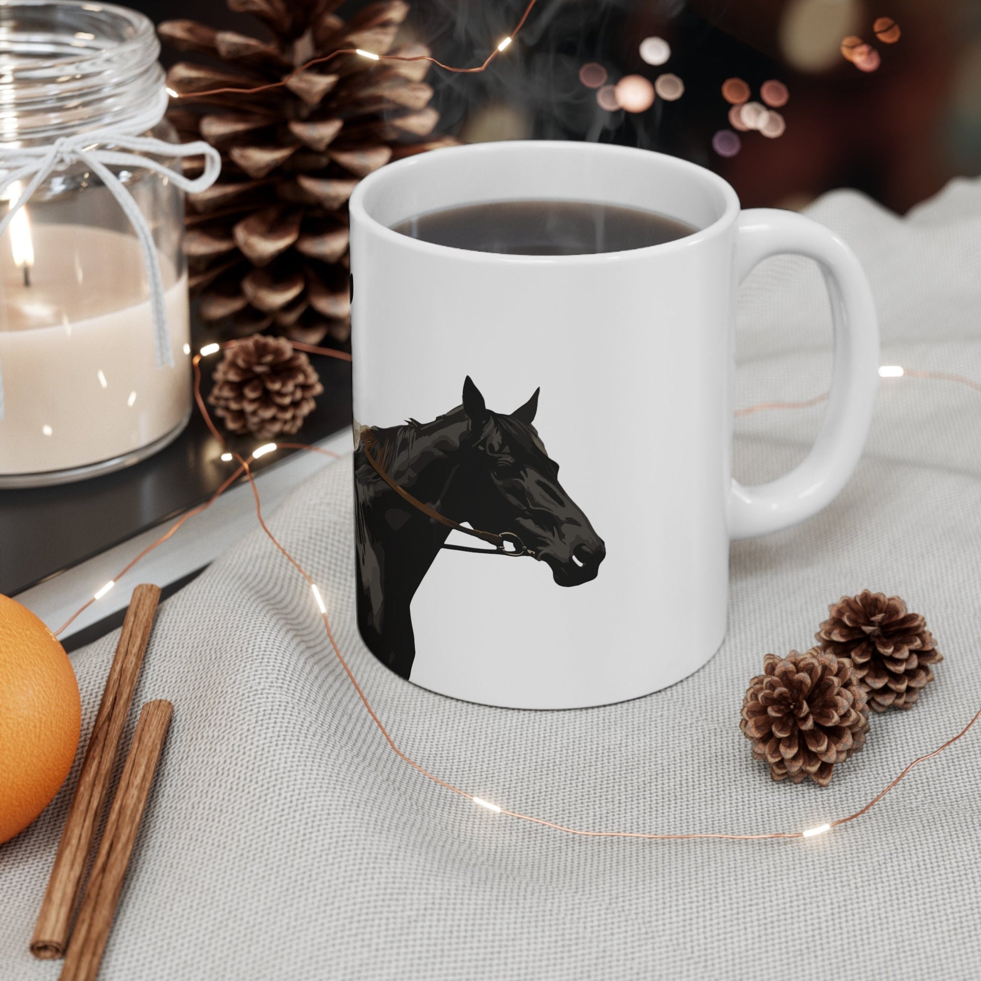 Cowgirl & Black Horse Ceramic Mug - 11oz White Coffee Cup, Western Adventure Theme, Unique Cowboy Decor Gift