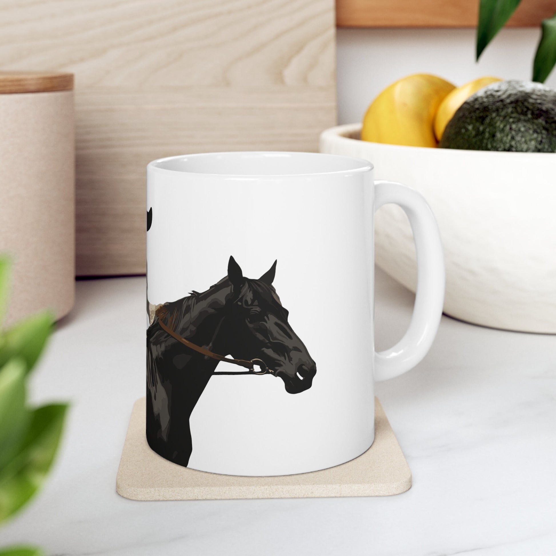 Cowgirl & Black Horse Ceramic Mug - 11oz White Coffee Cup, Western Adventure Theme, Unique Cowboy Decor Gift