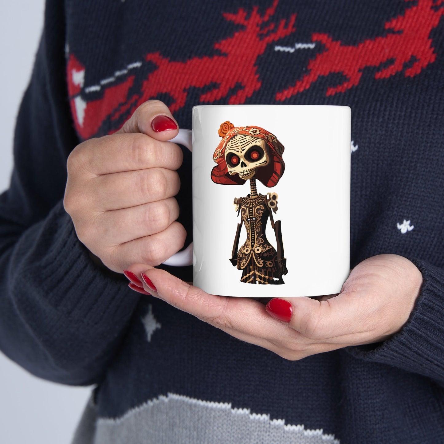 Elegant Day of the Dead Mug, Traditional Día de Muertos Coffee Cup, Ornate Skeleton Artwork, Cultural Heritage Kitchen Decor, Unique Gift