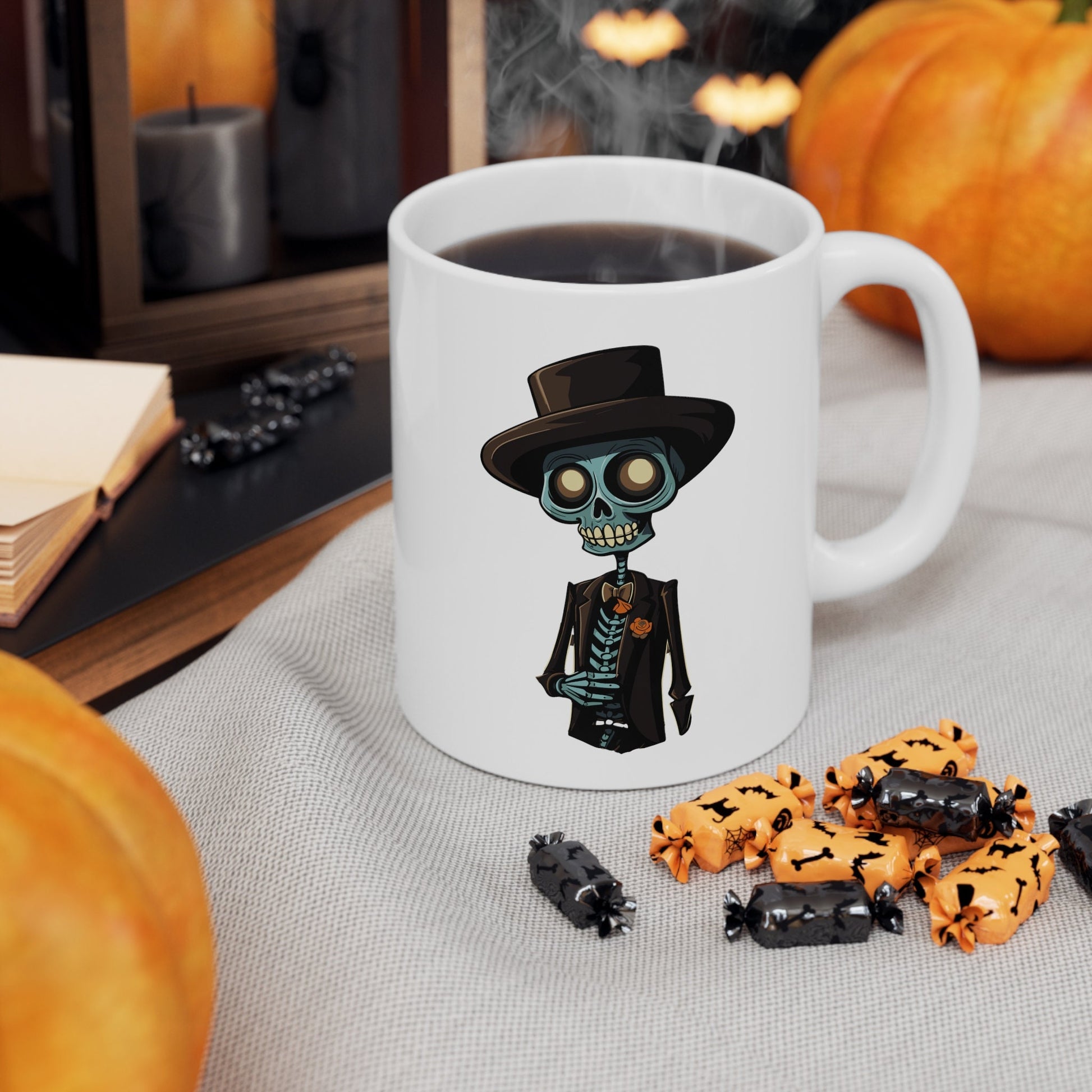 Chic Skeleton Gentleman Mug, Dapper Bones Coffee Cup, Elegantly Macabre Drinkware, Gothic Office Decor, Unique Halloween Gift