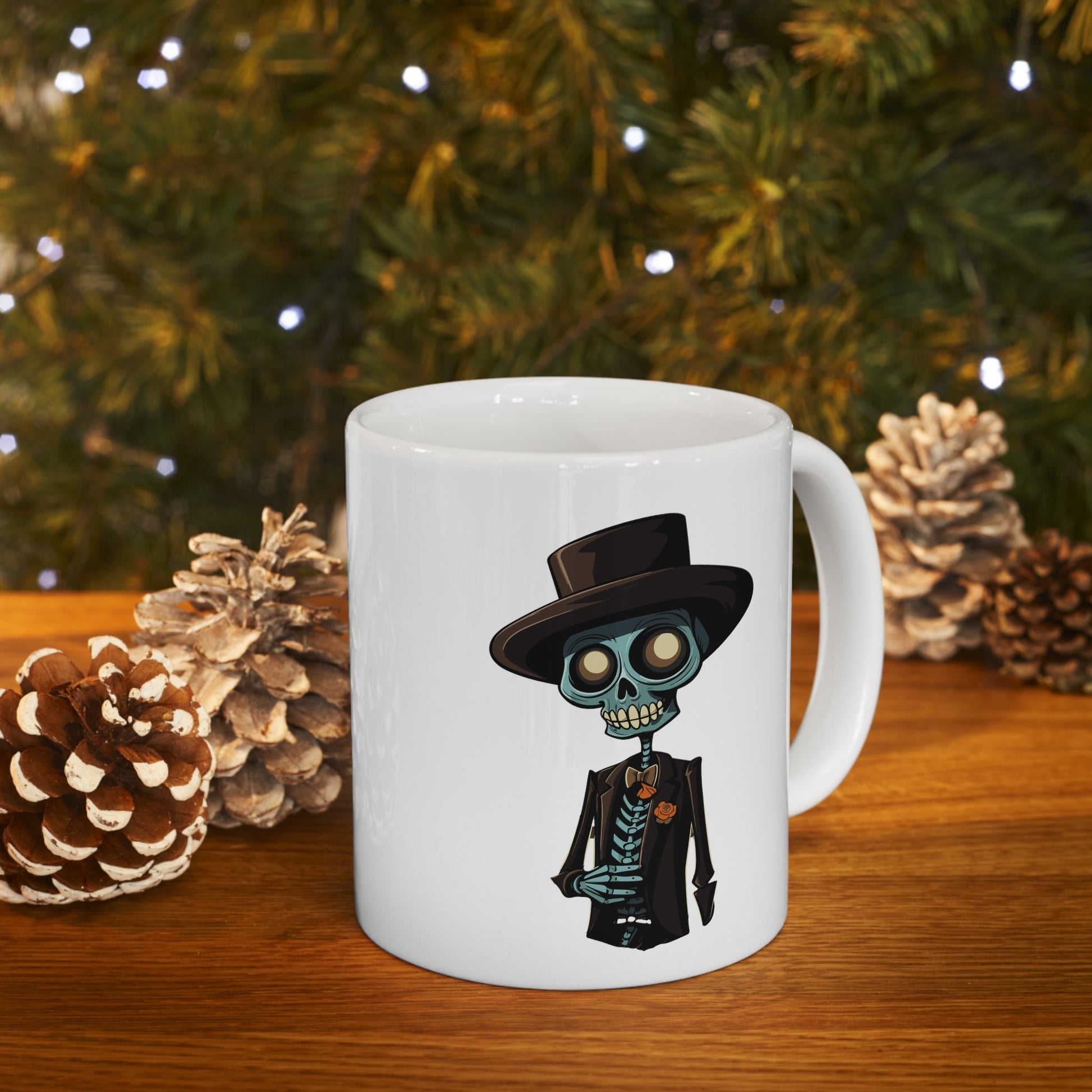 Chic Skeleton Gentleman Mug, Dapper Bones Coffee Cup, Elegantly Macabre Drinkware, Gothic Office Decor, Unique Halloween Gift