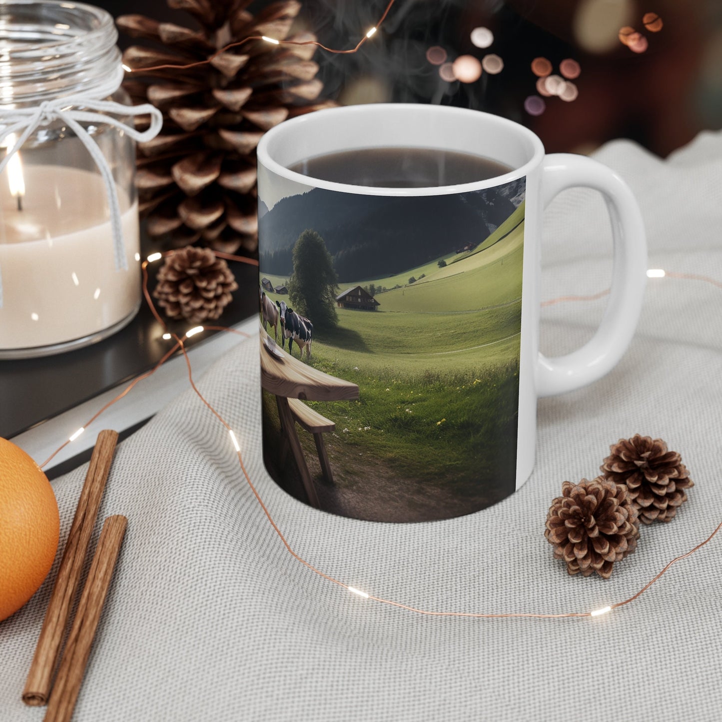 Pastoral Countryside Mug, Rustic Farmhouse Coffee Cup, Alpine Cows Scenic Print, Serene Meadow Tableware, Nature Lover's Breakfast Mug