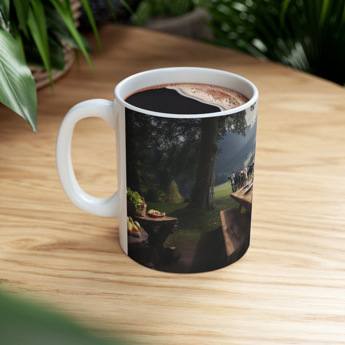 Pastoral Countryside Mug, Rustic Farmhouse Coffee Cup, Alpine Cows Scenic Print, Serene Meadow Tableware, Nature Lover's Breakfast Mug