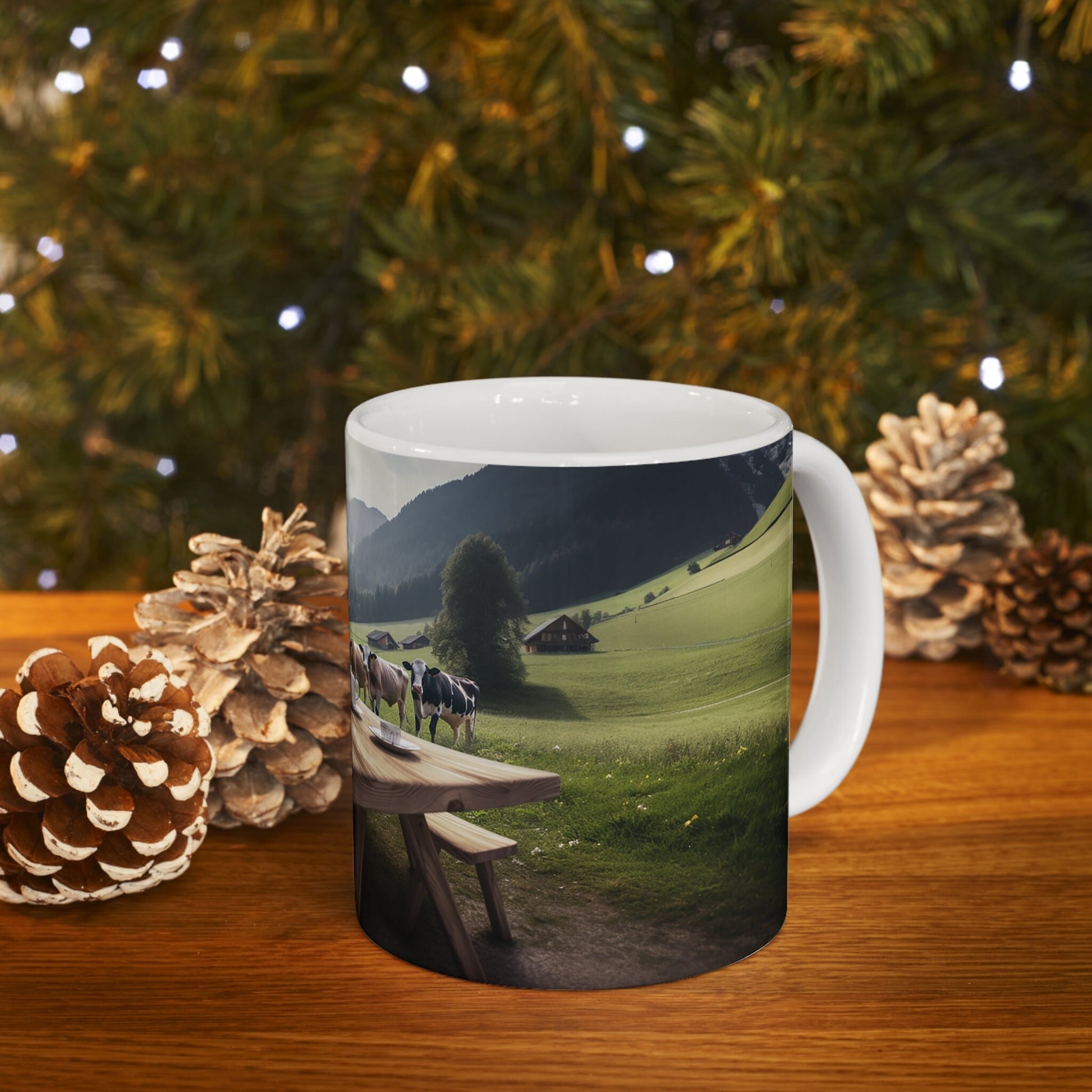 Pastoral Countryside Mug, Rustic Farmhouse Coffee Cup, Alpine Cows Scenic Print, Serene Meadow Tableware, Nature Lover's Breakfast Mug