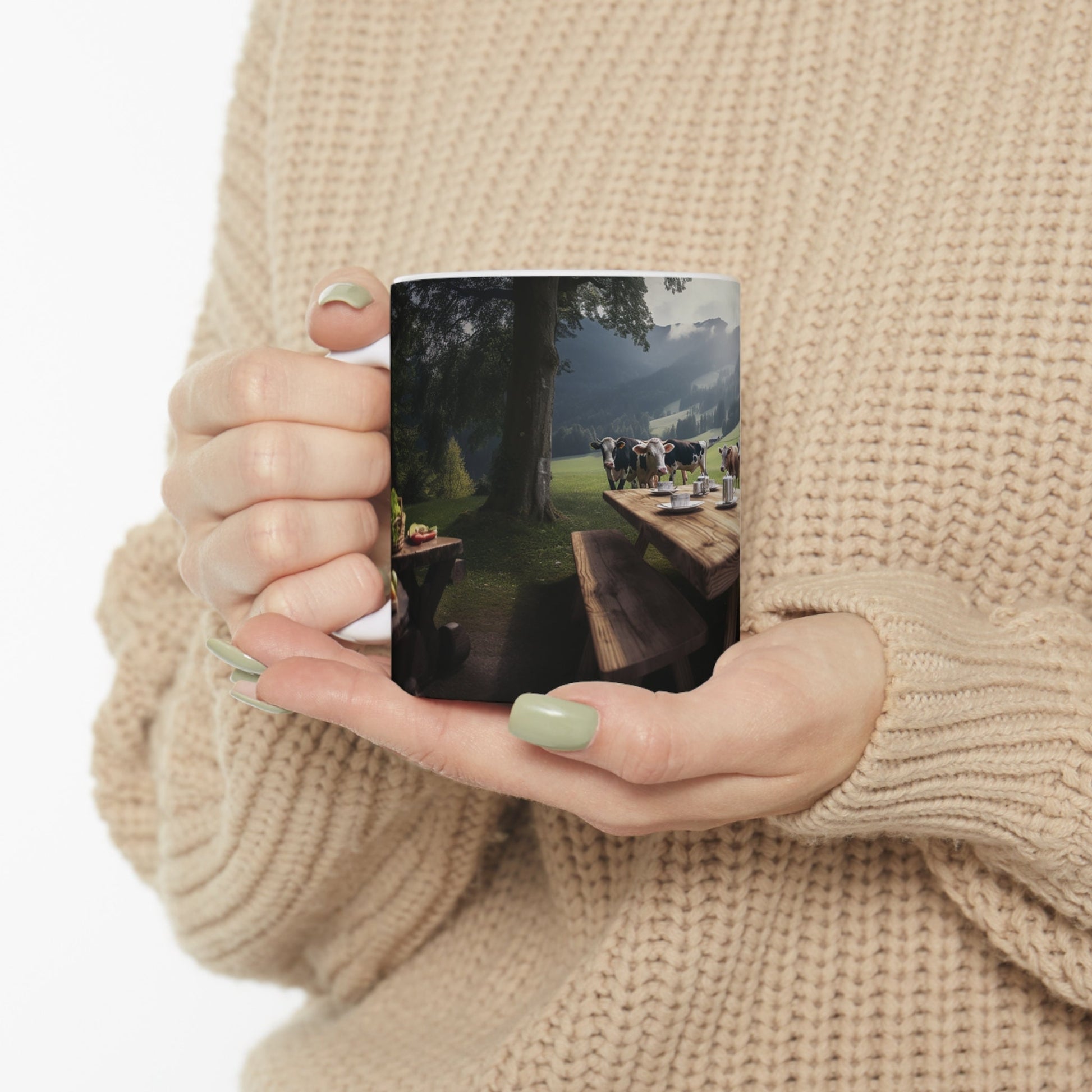 Pastoral Countryside Mug, Rustic Farmhouse Coffee Cup, Alpine Cows Scenic Print, Serene Meadow Tableware, Nature Lover's Breakfast Mug