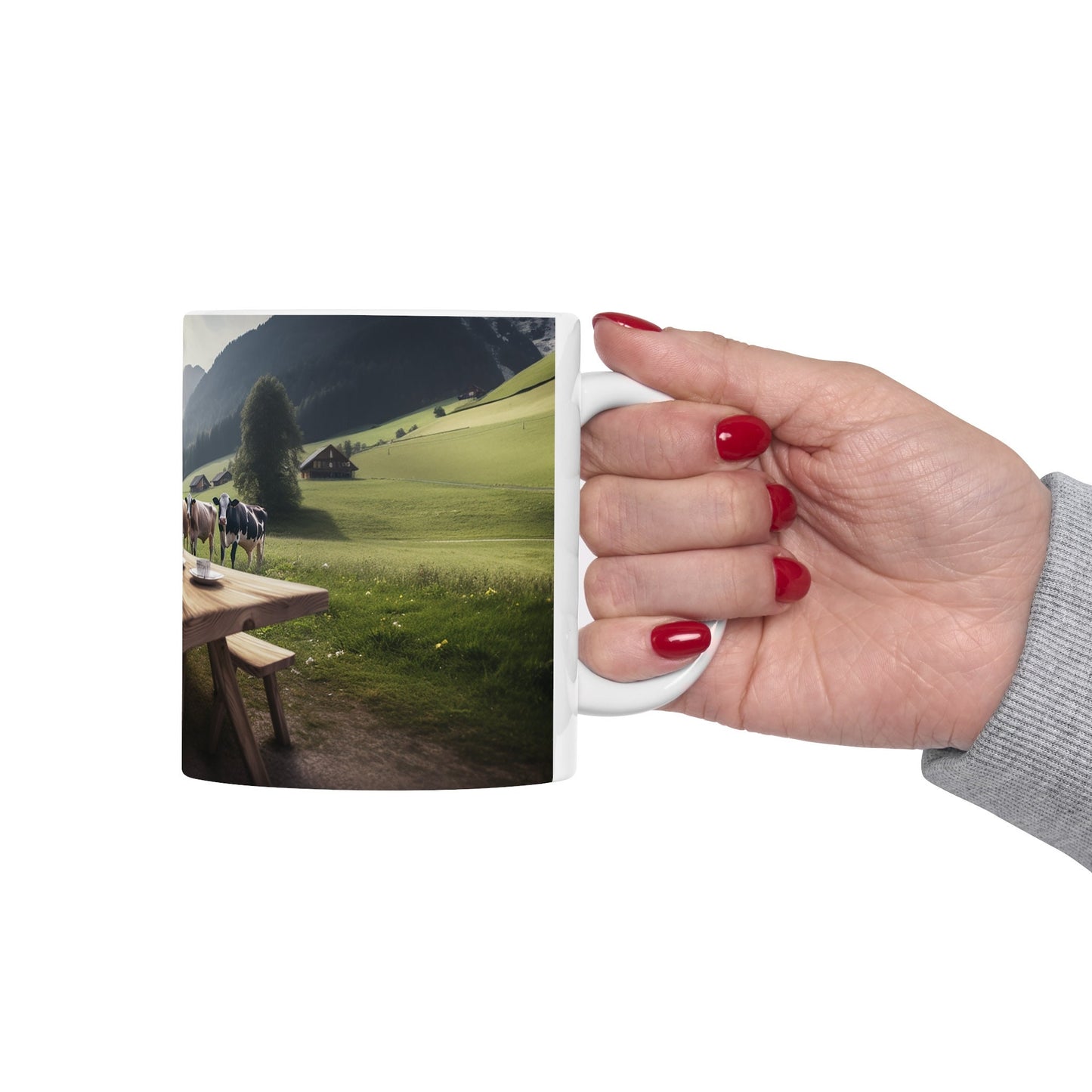 Pastoral Countryside Mug, Rustic Farmhouse Coffee Cup, Alpine Cows Scenic Print, Serene Meadow Tableware, Nature Lover's Breakfast Mug