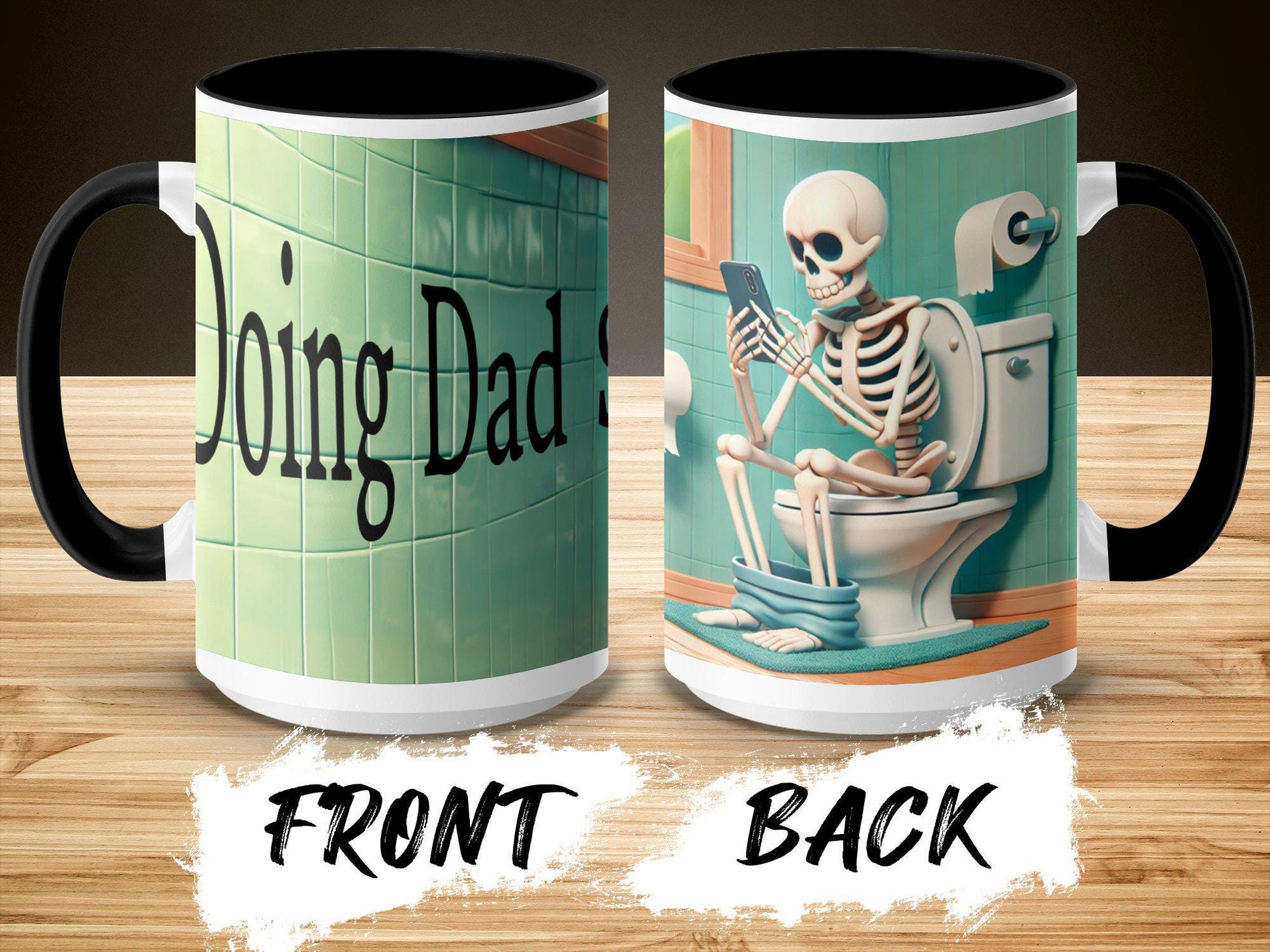 Funny Skeleton Mug, Doing Dad Shit, Design Skelly Humor Ceramic Coffee Cup Unique Gift Idea for Dad, Accent Colors Mug