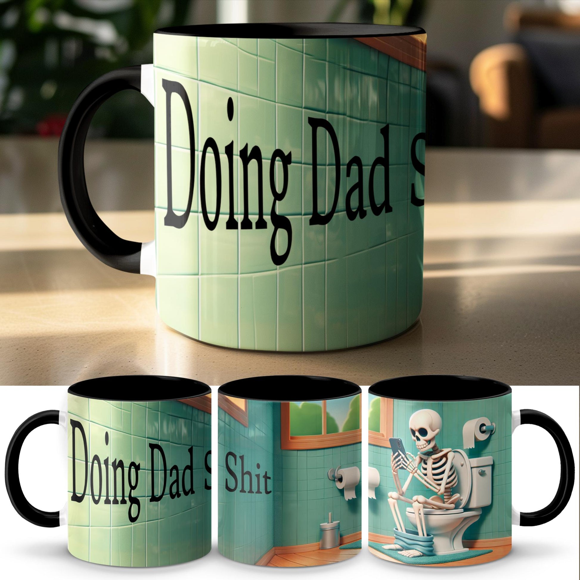 Funny Skeleton Mug, Doing Dad Shit, Design Skelly Humor Ceramic Coffee Cup Unique Gift Idea for Dad, Accent Colors Mug