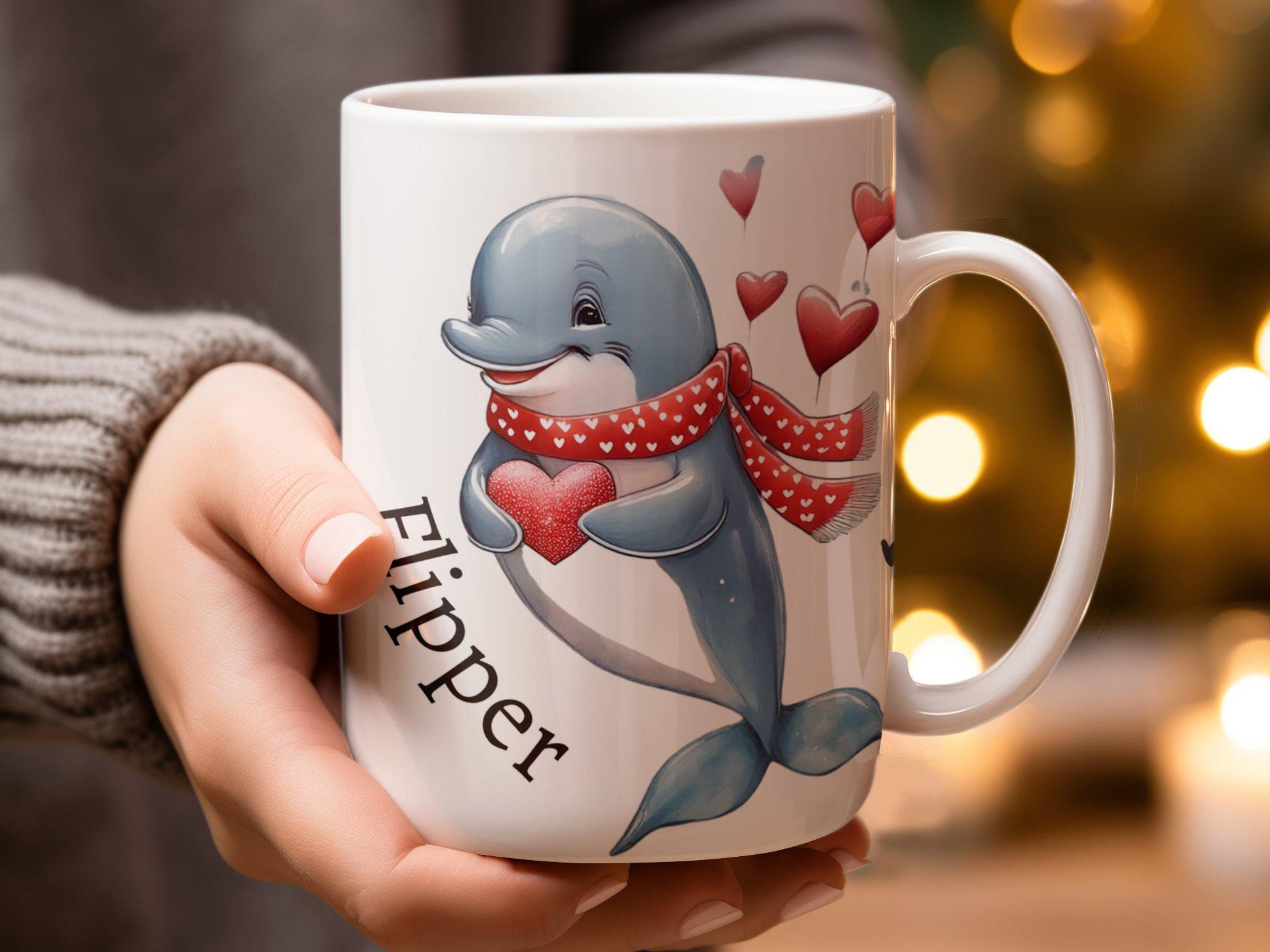 Personalized Cute Dolphin and Heart Mug, Valentine Dolphin Mug, Adorable Animal Mug, Heartwarming Gift Mug, Fun Dolphin Lover Mug