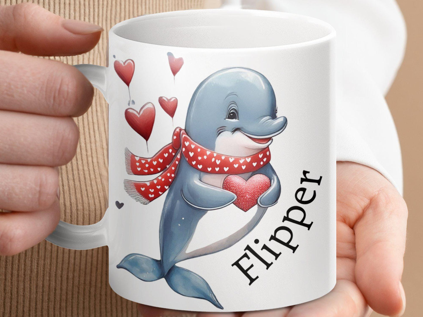 Personalized Cute Dolphin and Heart Mug, Valentine Dolphin Mug, Adorable Animal Mug, Heartwarming Gift Mug, Fun Dolphin Lover Mug