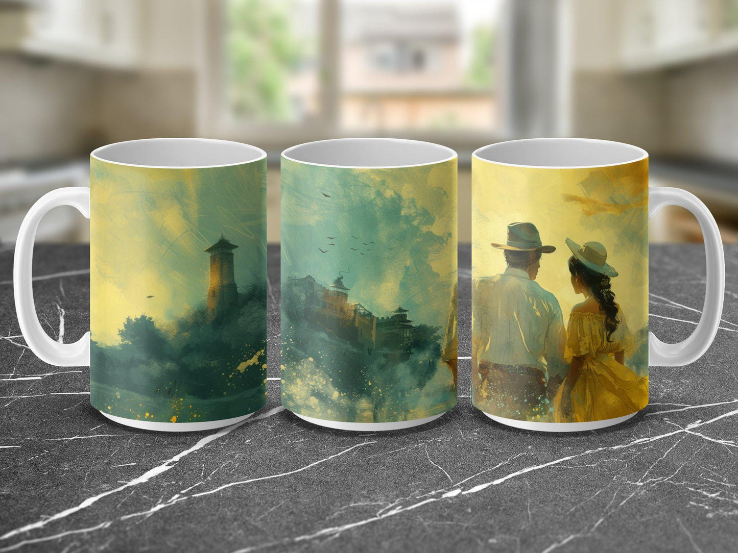 Romantic Watercolor Mug, Couple by Landscape Art, 11oz & 15oz Ceramic Mug, White or Accent Colors, Gift for Art Lovers