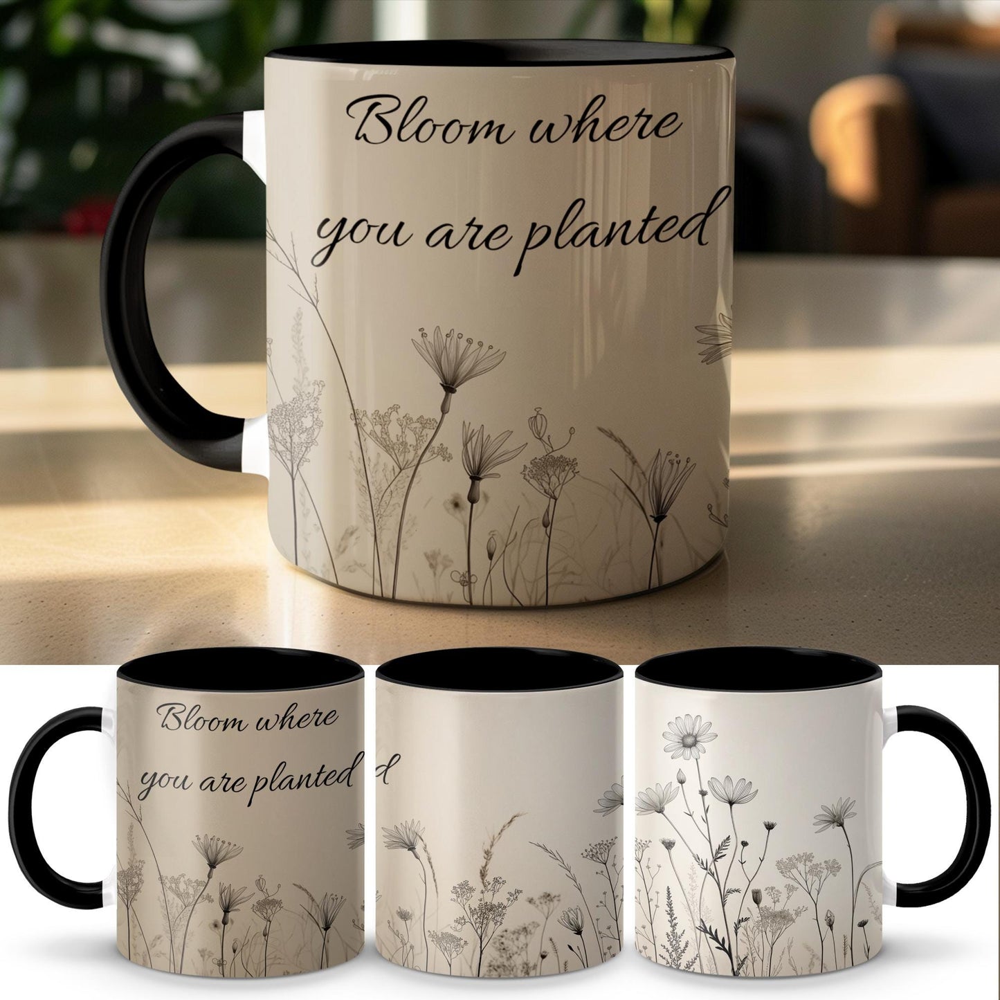 Wildflower Mug, Black Ink Botanical Coffee Cup, 11oz & 15oz Ceramic Mug, White or Accent Colors, Minimalist Nature Gift