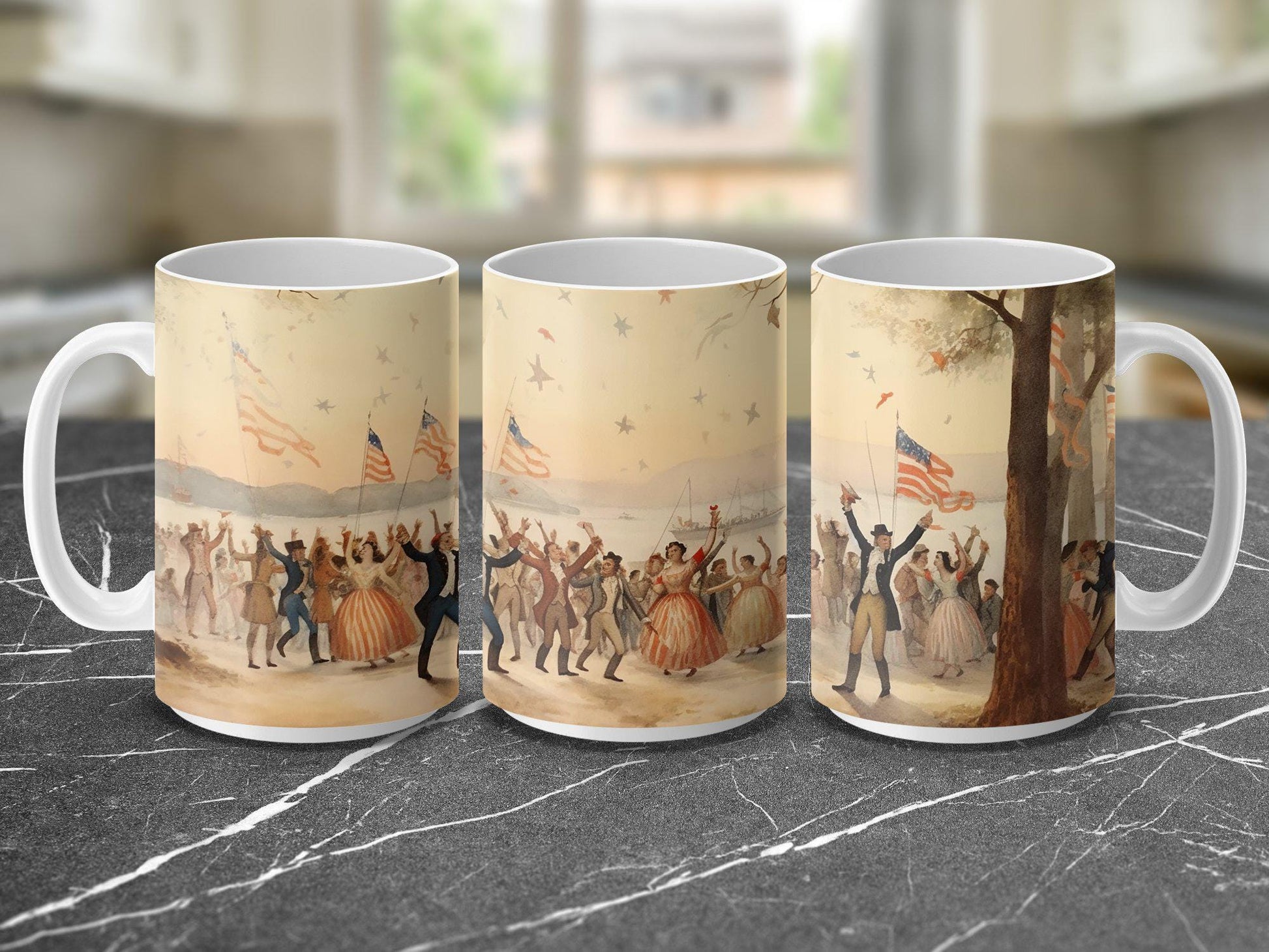 Renaissance 4th of July Mug, Patriotic Watercolor Art Coffee Cup, 11oz & 15oz Ceramic Mug, White or Accent Colors, Historical Gift