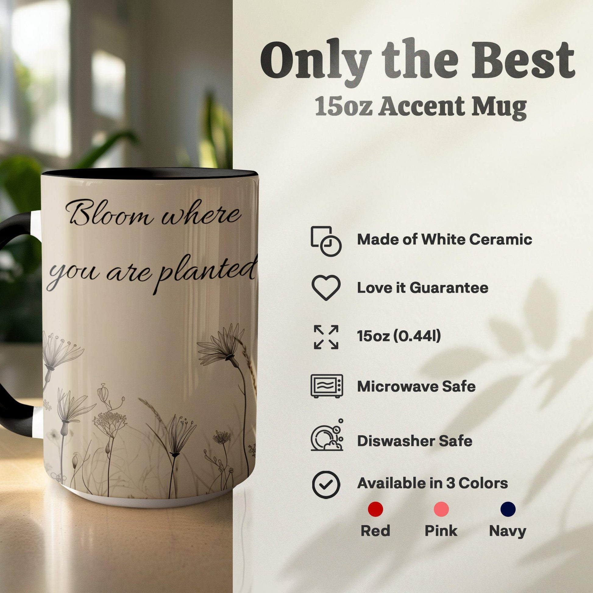 Wildflower Mug, Black Ink Botanical Coffee Cup, 11oz & 15oz Ceramic Mug, White or Accent Colors, Minimalist Nature Gift