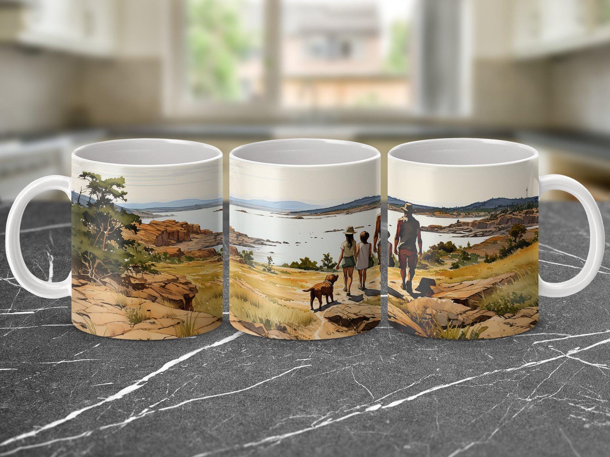 Family Lake Walk Mug, Watercolor Art Coffee Cup, 11oz & 15oz Ceramic Mug, White or Accent Colors, Nature Lover Gift