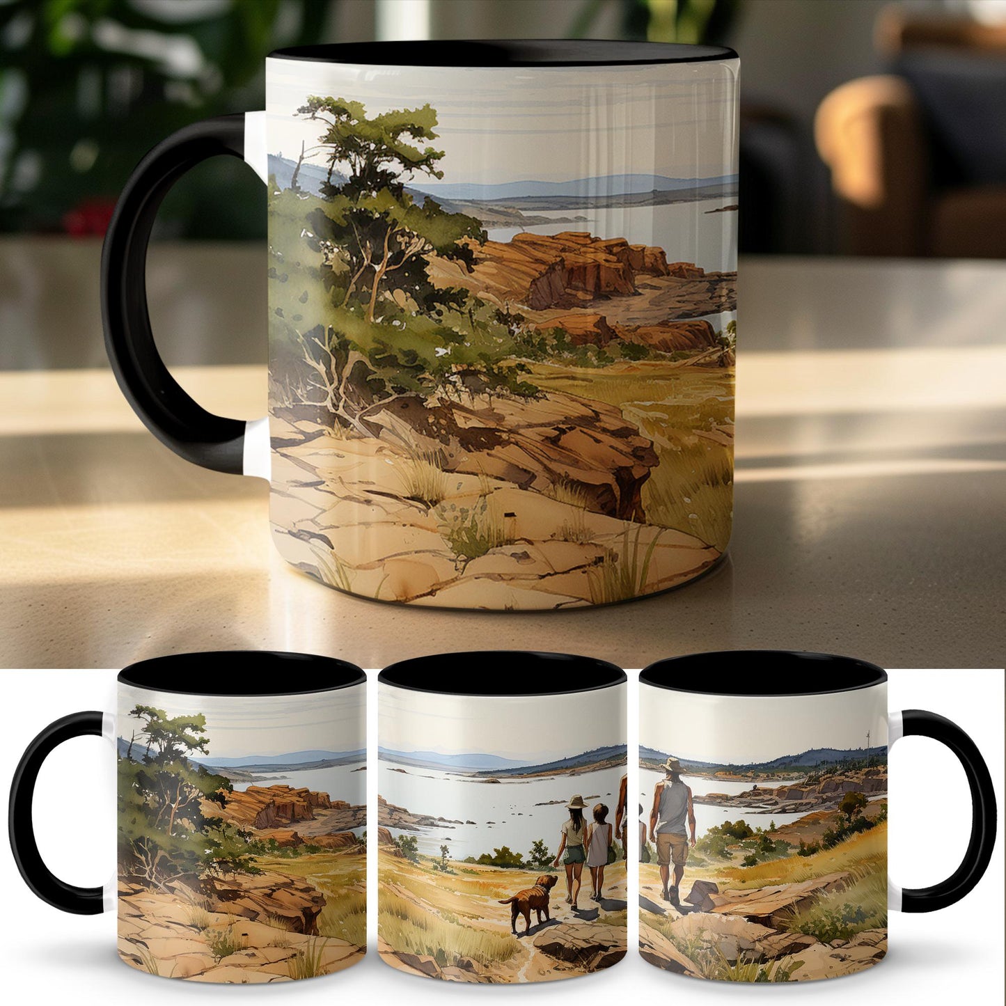 Family Lake Walk Mug, Watercolor Art Coffee Cup, 11oz & 15oz Ceramic Mug, White or Accent Colors, Nature Lover Gift