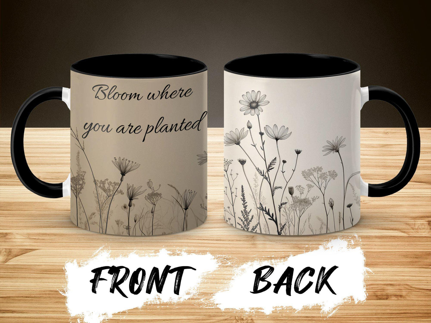 Wildflower Mug, Black Ink Botanical Coffee Cup, 11oz & 15oz Ceramic Mug, White or Accent Colors, Minimalist Nature Gift