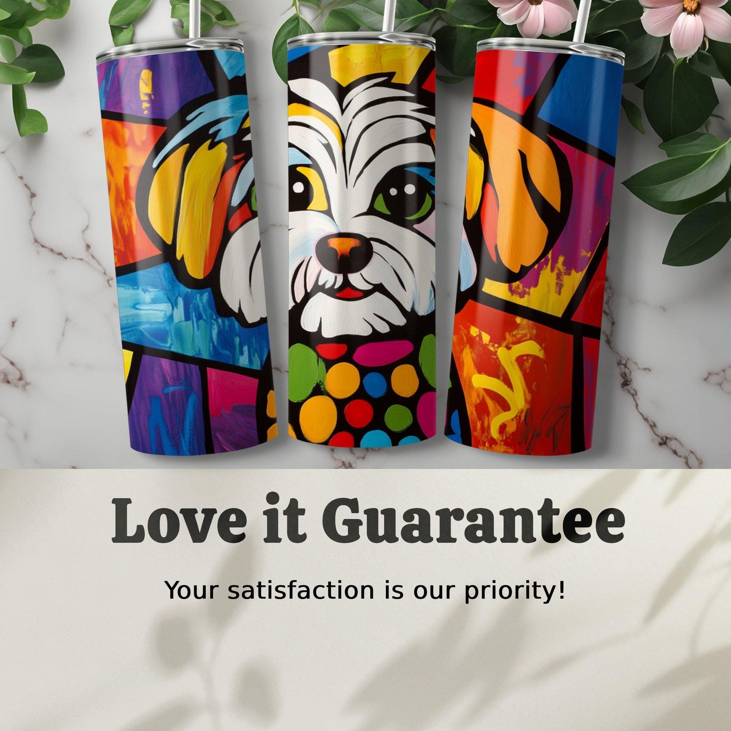 Shih Tzu Art Tumbler, Colorful Dog Design, 20oz Stainless Steel, Unique Gift, Artistic Travel Mug with Straw