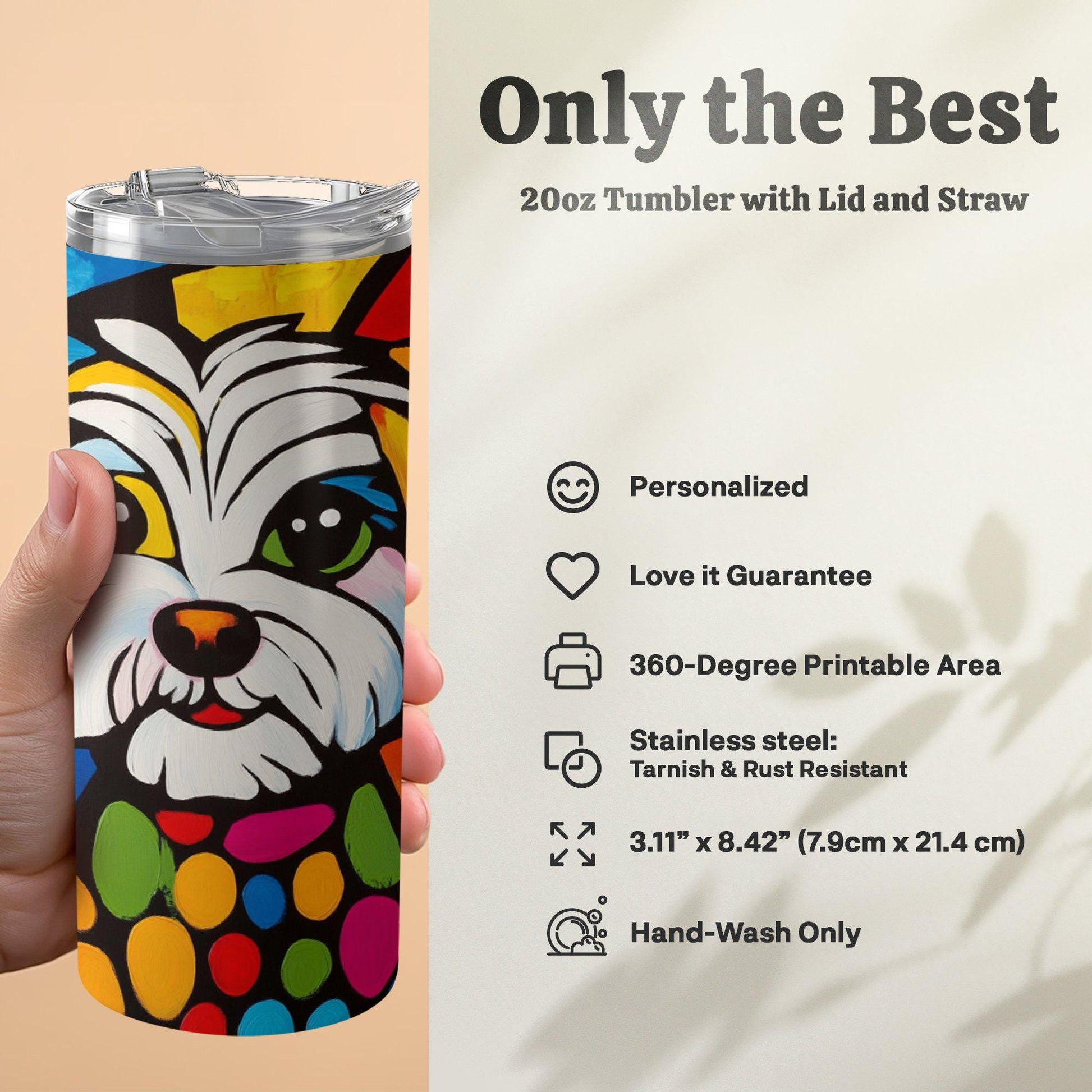 Shih Tzu Art Tumbler, Colorful Dog Design, 20oz Stainless Steel, Unique Gift, Artistic Travel Mug with Straw