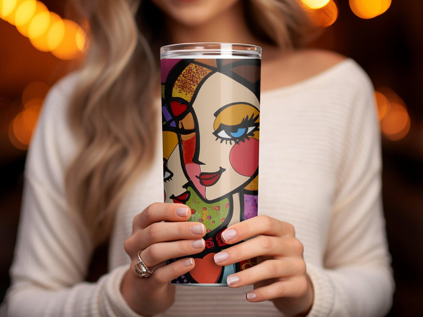 Modern art tumbler, colorful woman design, abstract faces tumbler, unique gift, mother daughter tumbler, vibrant art, tumbler