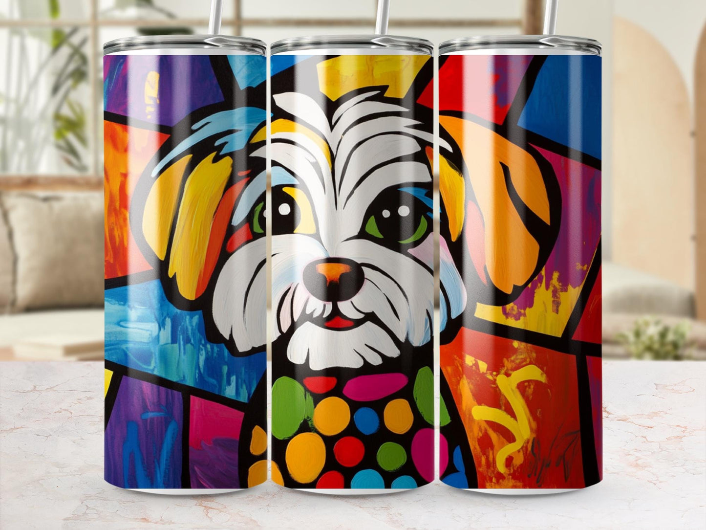 Shih Tzu Art Tumbler, Colorful Dog Design, 20oz Stainless Steel, Unique Gift, Artistic Travel Mug with Straw