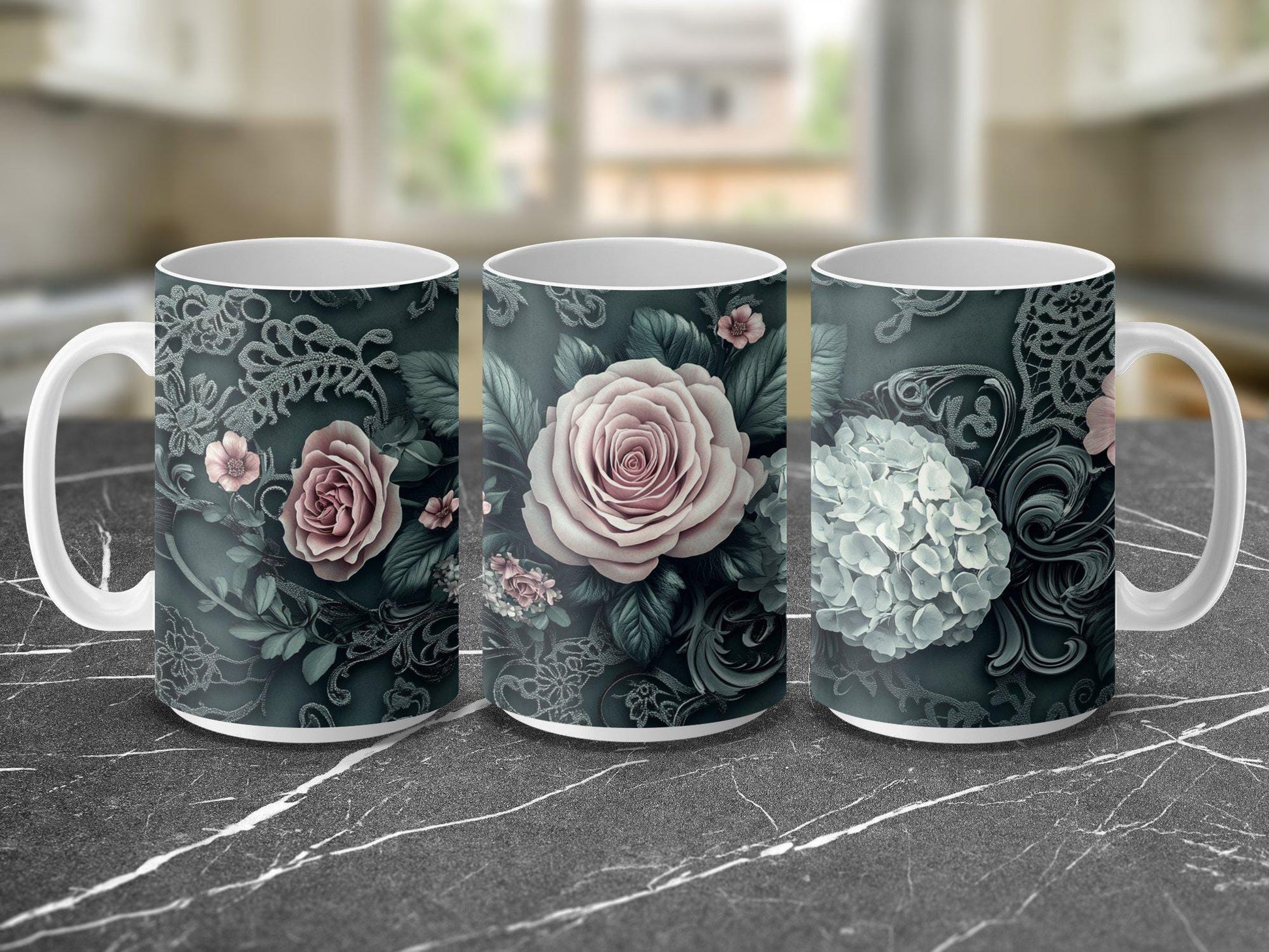 Dark Green Floral Lace Mug, Elegant Coffee Cup, 11oz & 15oz Ceramic Mug, White or Accent Colors, Romantic Gift Idea