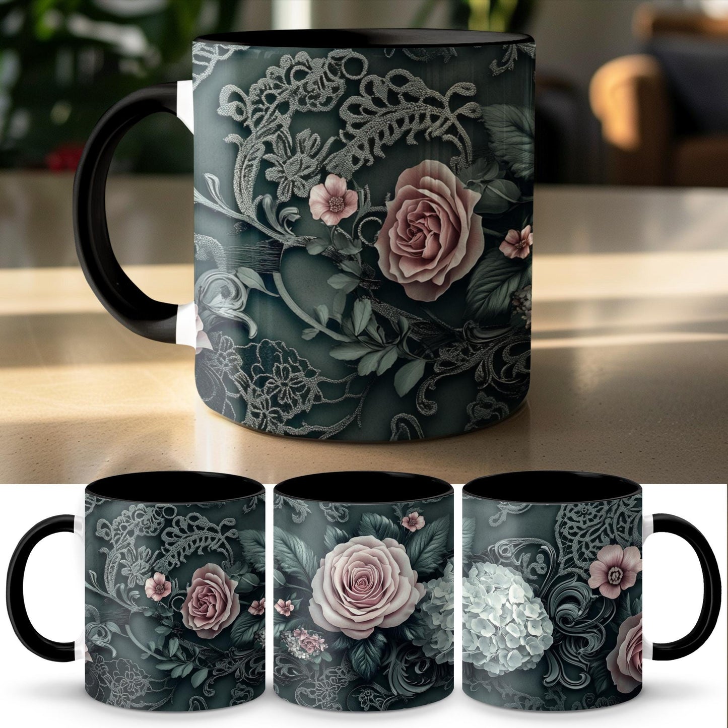 Dark Green Floral Lace Mug, Elegant Coffee Cup, 11oz & 15oz Ceramic Mug, White or Accent Colors, Romantic Gift Idea