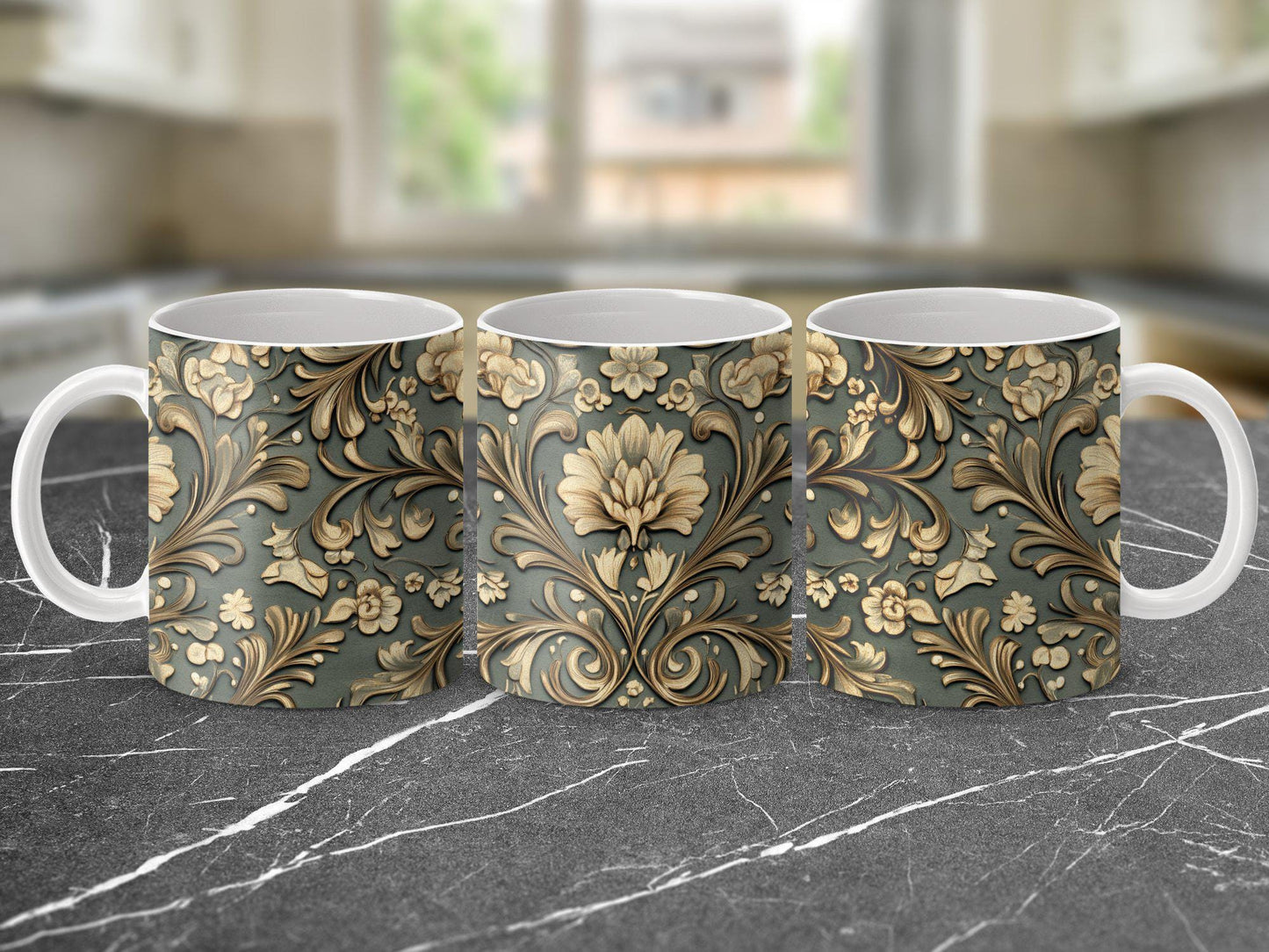 Gold Ornamental Floral Mug, Elegant Coffee Cup, 11oz & 15oz Ceramic Mug, White or Accent Colors, Luxury Gift Idea