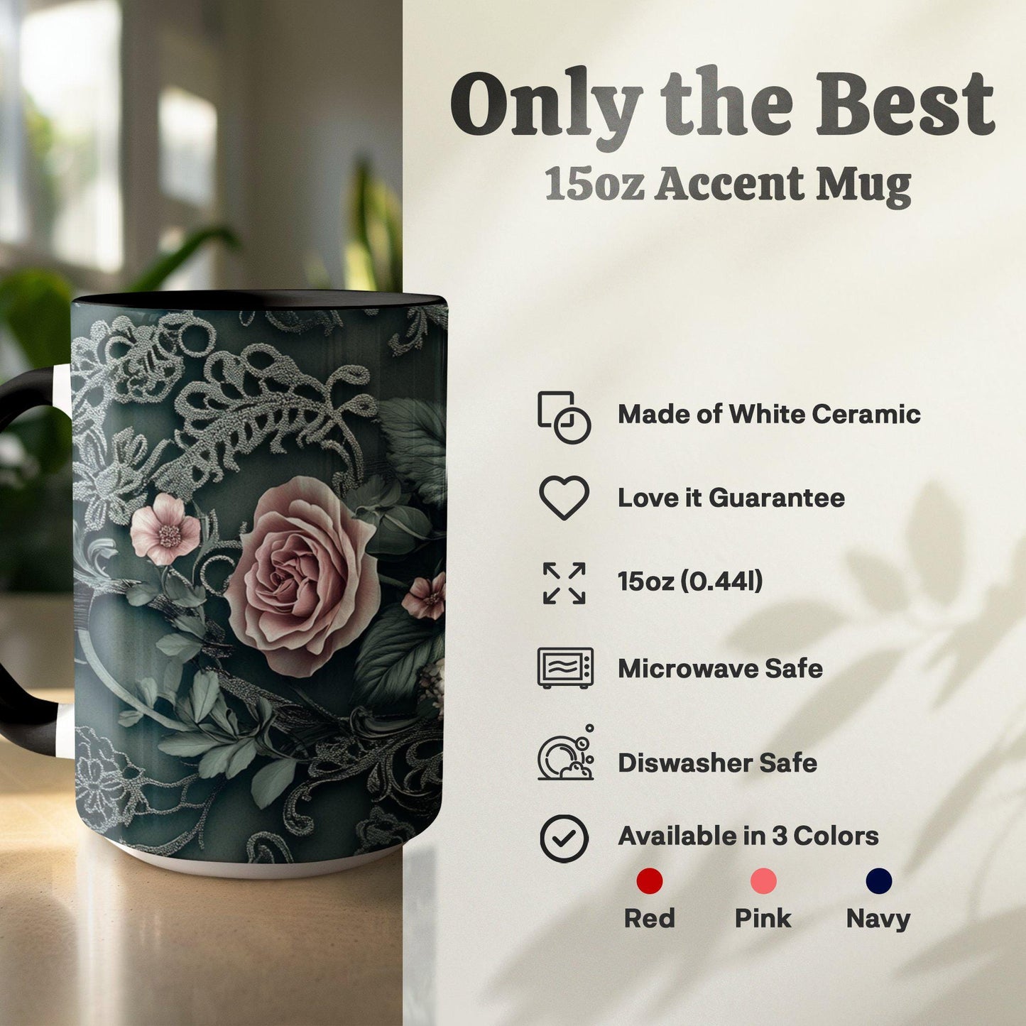 Dark Green Floral Lace Mug, Elegant Coffee Cup, 11oz & 15oz Ceramic Mug, White or Accent Colors, Romantic Gift Idea