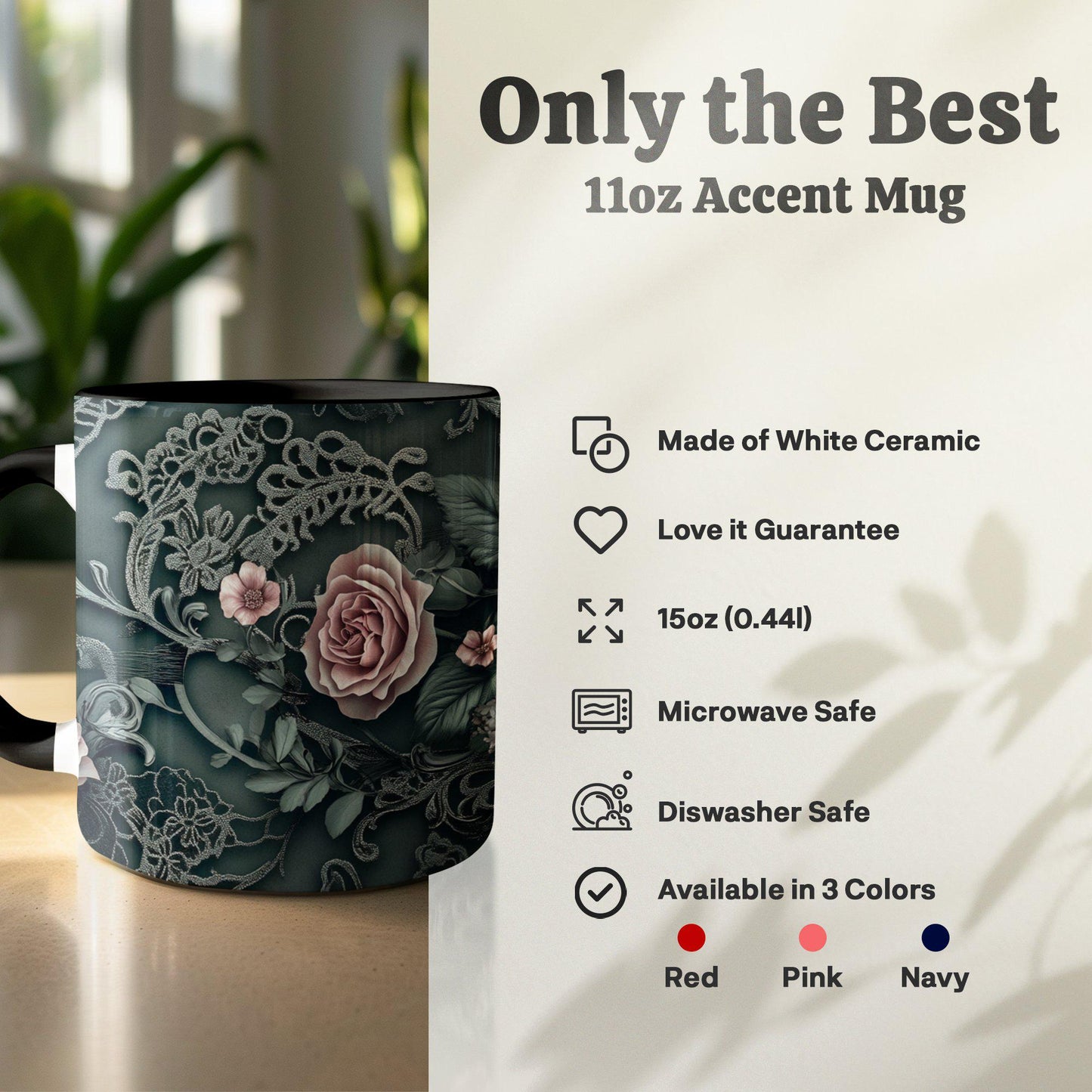 Dark Green Floral Lace Mug, Elegant Coffee Cup, 11oz & 15oz Ceramic Mug, White or Accent Colors, Romantic Gift Idea