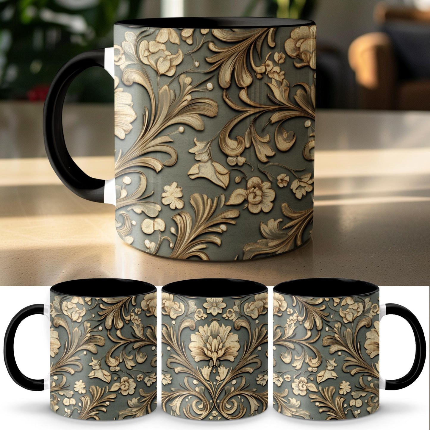 Gold Ornamental Floral Mug, Elegant Coffee Cup, 11oz & 15oz Ceramic Mug, White or Accent Colors, Luxury Gift Idea