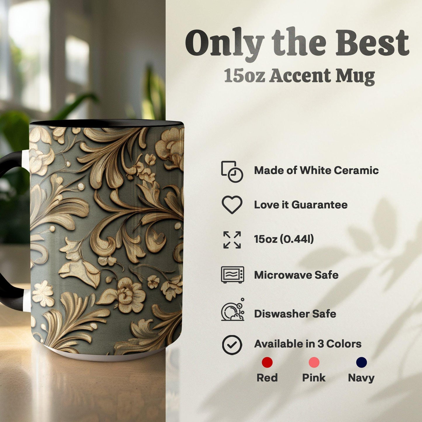 Gold Ornamental Floral Mug, Elegant Coffee Cup, 11oz & 15oz Ceramic Mug, White or Accent Colors, Luxury Gift Idea